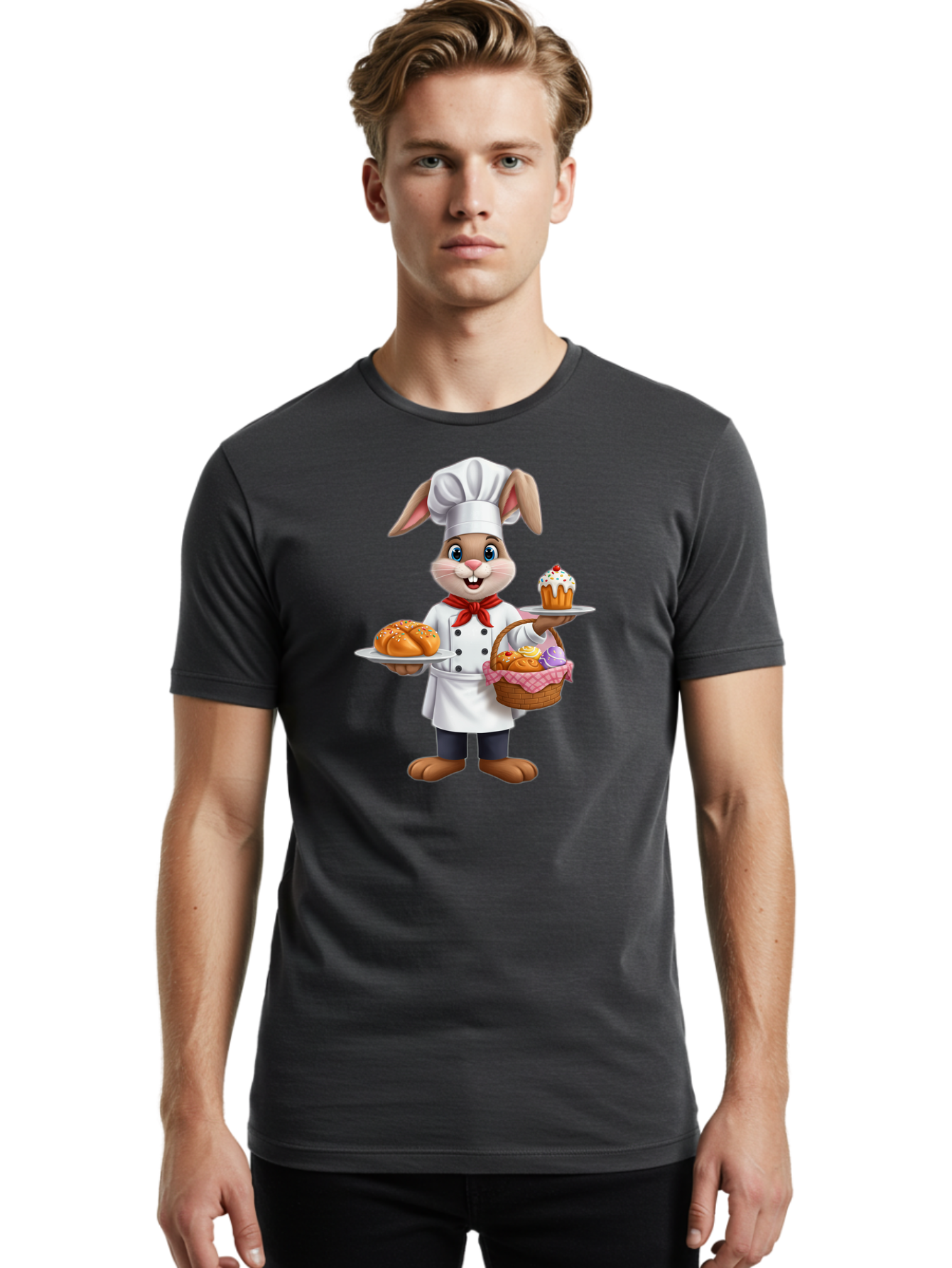 Bunny-Chef Men'S Graphic Tee, 100% Cotton, Comfortable Casual Summer Wear, Machine Washable, Cartoon Bunny Chef, Baked Goods, Cupcake, Bread, Basket Of Pastries, Chef Hat, Red Bow Tie, White Coat, Happy Expression, Easter Theme, Bakery Items Baa241