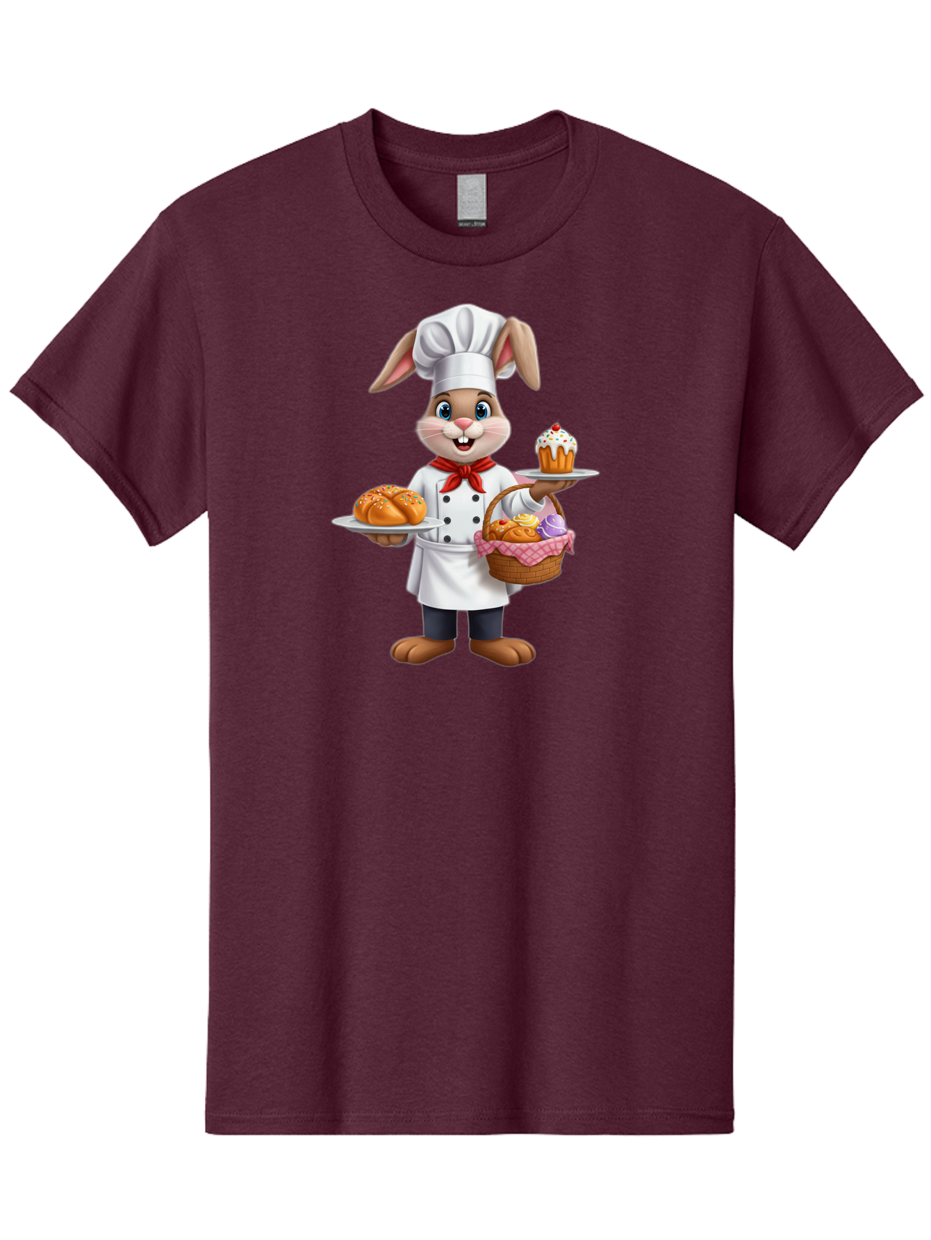 Bunny-Chef Men'S Graphic Tee, 100% Cotton, Comfortable Casual Summer Wear, Machine Washable, Cartoon Bunny Chef, Baked Goods, Cupcake, Bread, Basket Of Pastries, Chef Hat, Red Bow Tie, White Coat, Happy Expression, Easter Theme, Bakery Items Baa241