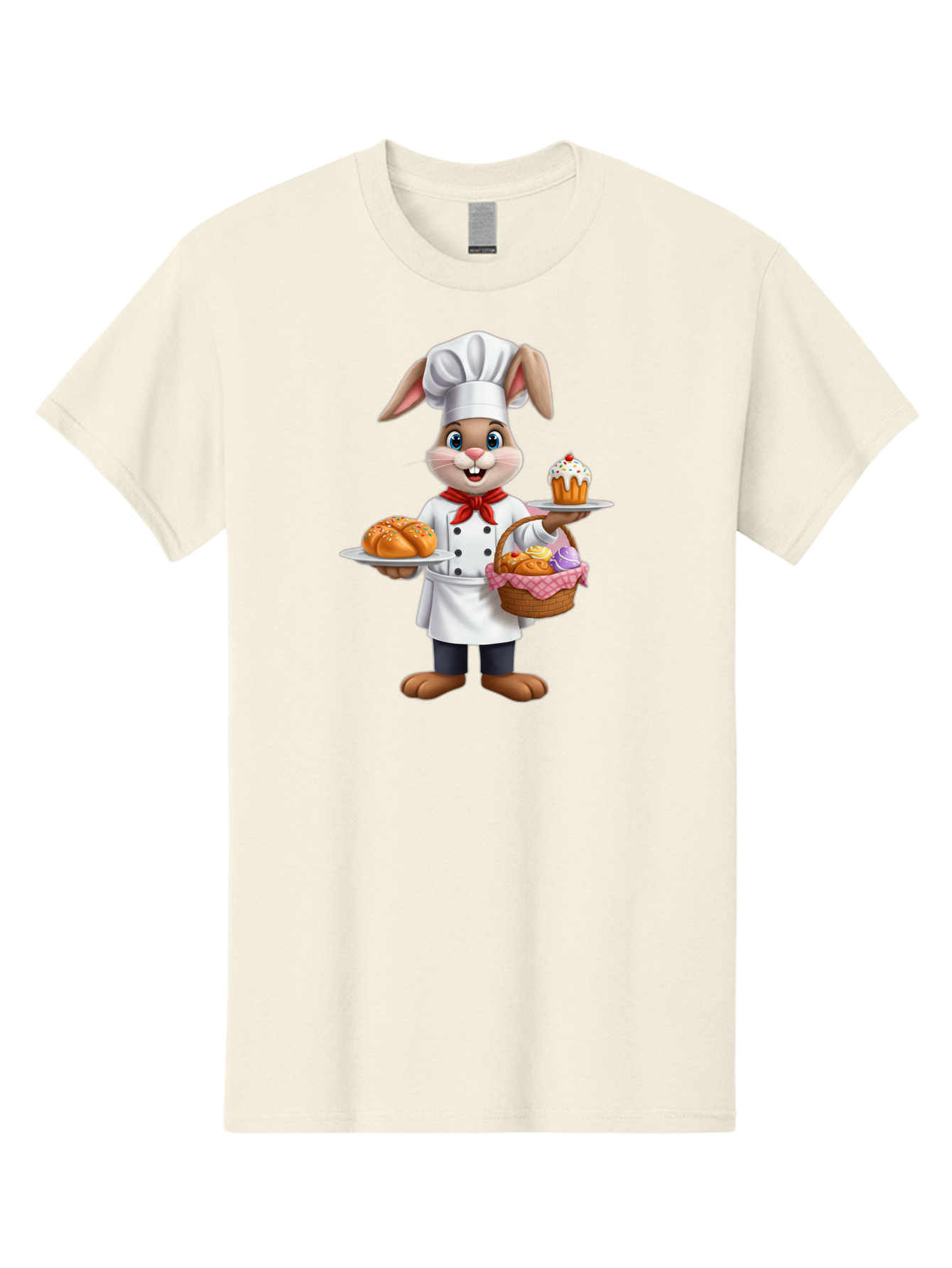 Bunny-Chef Men'S Graphic Tee, 100% Cotton, Comfortable Casual Summer Wear, Machine Washable, Cartoon Bunny Chef, Baked Goods, Cupcake, Bread, Basket Of Pastries, Chef Hat, Red Bow Tie, White Coat, Happy Expression, Easter Theme, Bakery Items Baa241