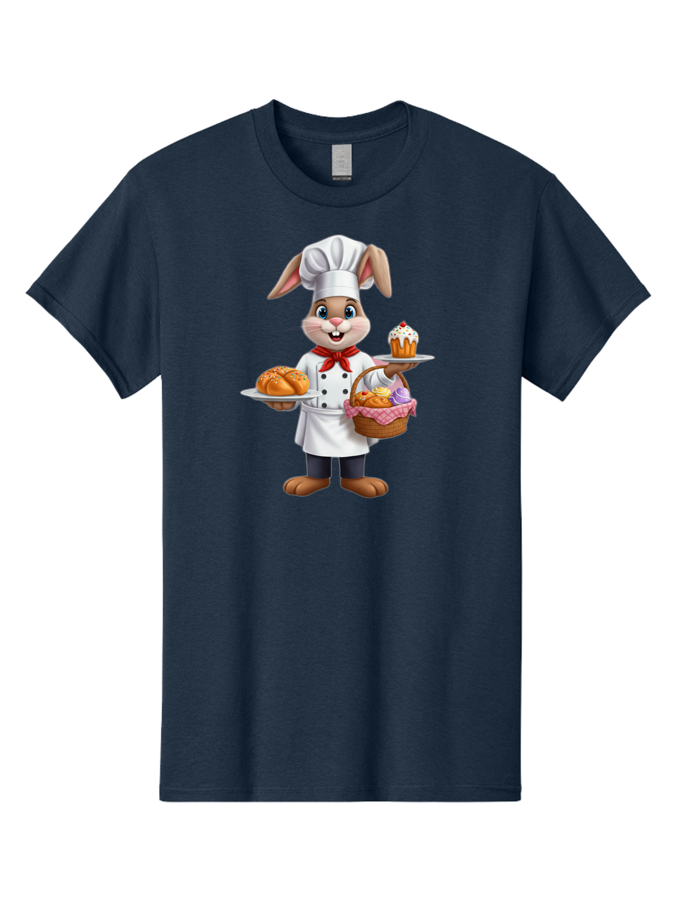Bunny-Chef Men'S Graphic Tee, 100% Cotton, Comfortable Casual Summer Wear, Machine Washable, Cartoon Bunny Chef, Baked Goods, Cupcake, Bread, Basket Of Pastries, Chef Hat, Red Bow Tie, White Coat, Happy Expression, Easter Theme, Bakery Items Baa241