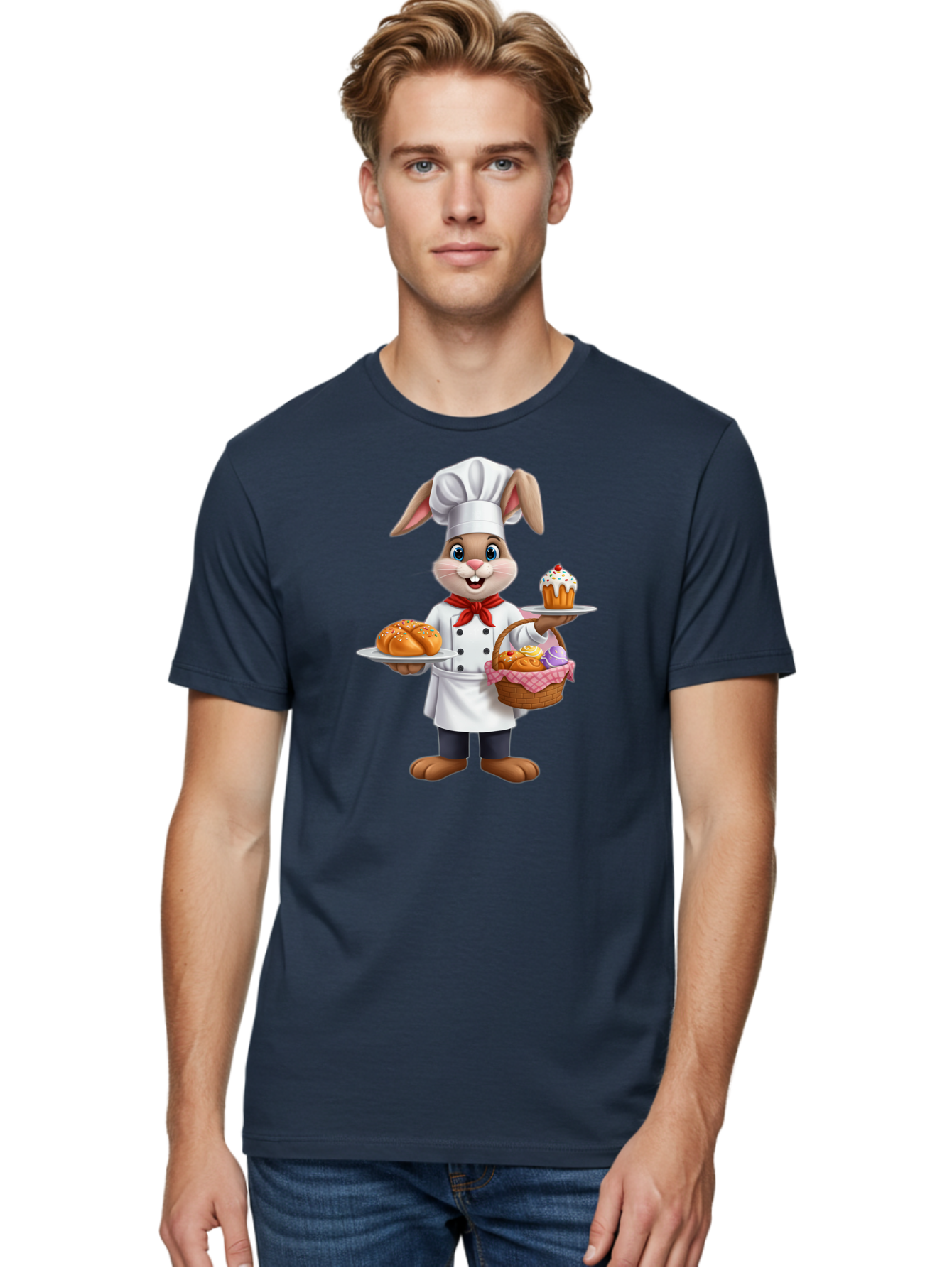 Bunny-Chef Men'S Graphic Tee, 100% Cotton, Comfortable Casual Summer Wear, Machine Washable, Cartoon Bunny Chef, Baked Goods, Cupcake, Bread, Basket Of Pastries, Chef Hat, Red Bow Tie, White Coat, Happy Expression, Easter Theme, Bakery Items Baa241