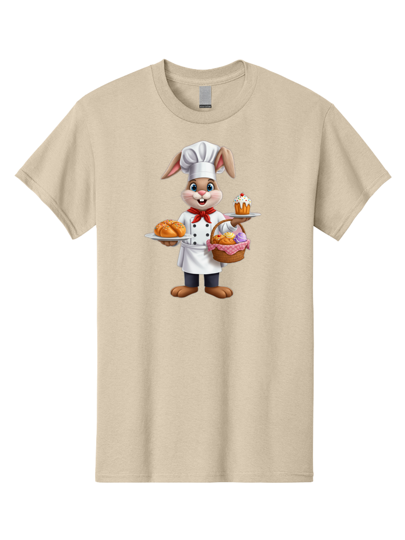 Bunny-Chef Men'S Graphic Tee, 100% Cotton, Comfortable Casual Summer Wear, Machine Washable, Cartoon Bunny Chef, Baked Goods, Cupcake, Bread, Basket Of Pastries, Chef Hat, Red Bow Tie, White Coat, Happy Expression, Easter Theme, Bakery Items Baa241