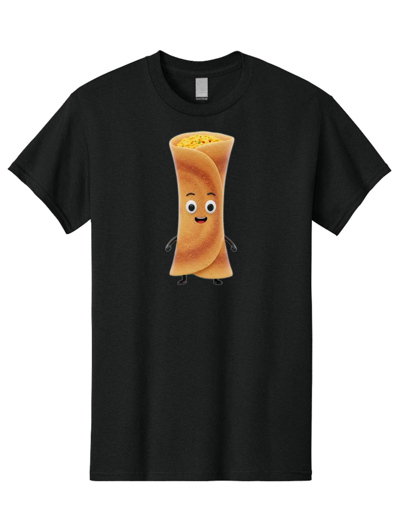 Burrito-Character Men'S Graphic Tee, 100% Cotton, Comfortable Casual Summer Wear, Machine Washable, Cartoon Burrito, Smiling Face, Eyes, Eyebrows, Mouth, Stuffed With Yellow Filling, Mexican Food, Animated Character, Funny, Playful, Foodie, Baa243