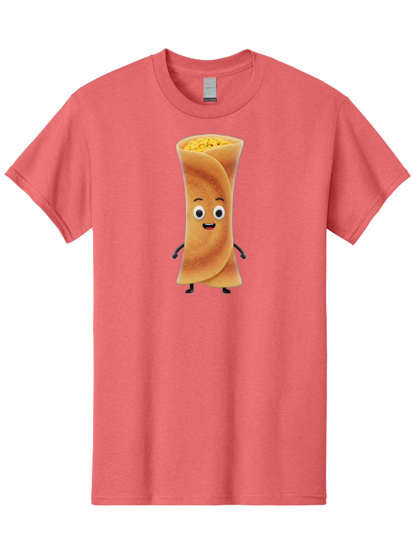 Burrito-Character Men'S Graphic Tee, 100% Cotton, Comfortable Casual Summer Wear, Machine Washable, Cartoon Burrito, Smiling Face, Eyes, Eyebrows, Mouth, Stuffed With Yellow Filling, Mexican Food, Animated Character, Funny, Playful, Foodie, Baa243