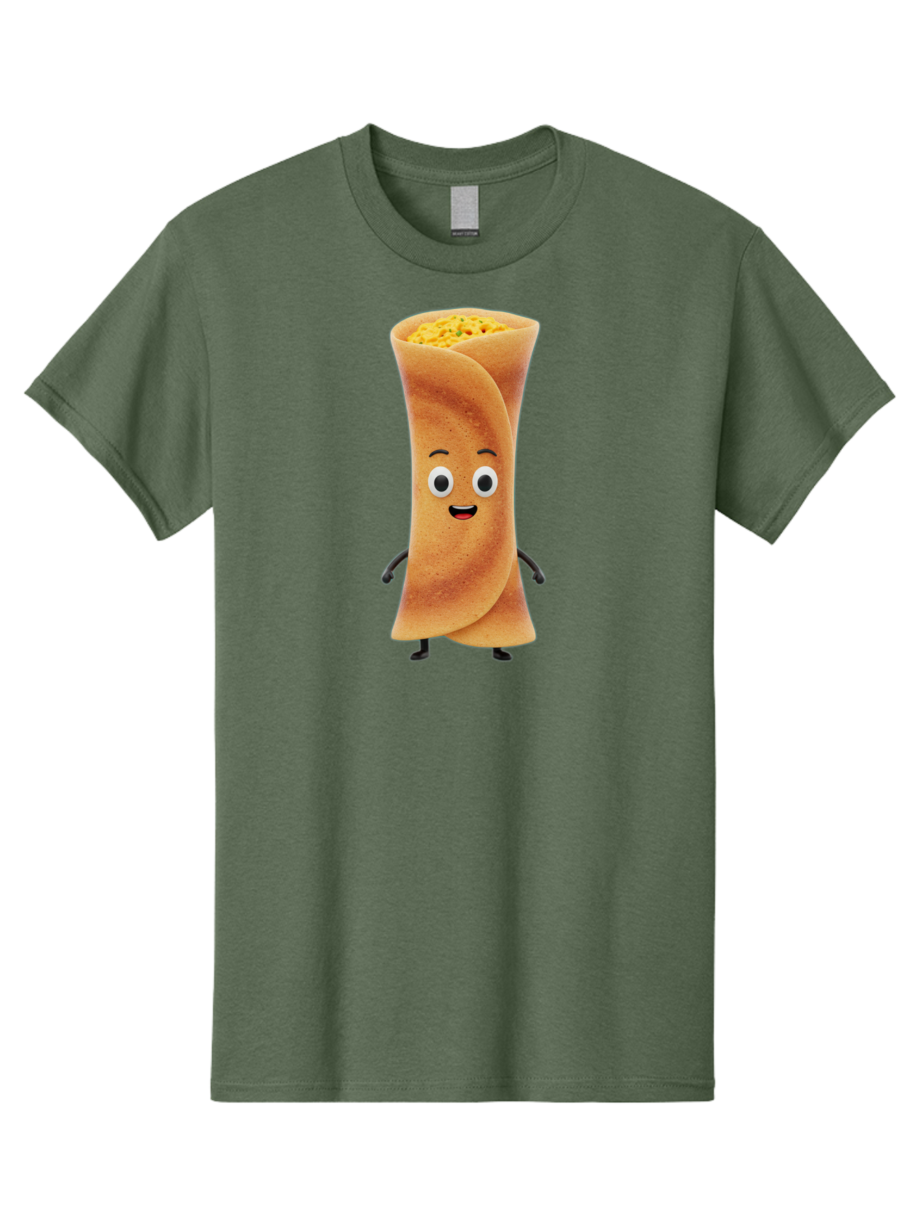 Burrito-Character Men'S Graphic Tee, 100% Cotton, Comfortable Casual Summer Wear, Machine Washable, Cartoon Burrito, Smiling Face, Eyes, Eyebrows, Mouth, Stuffed With Yellow Filling, Mexican Food, Animated Character, Funny, Playful, Foodie, Baa243