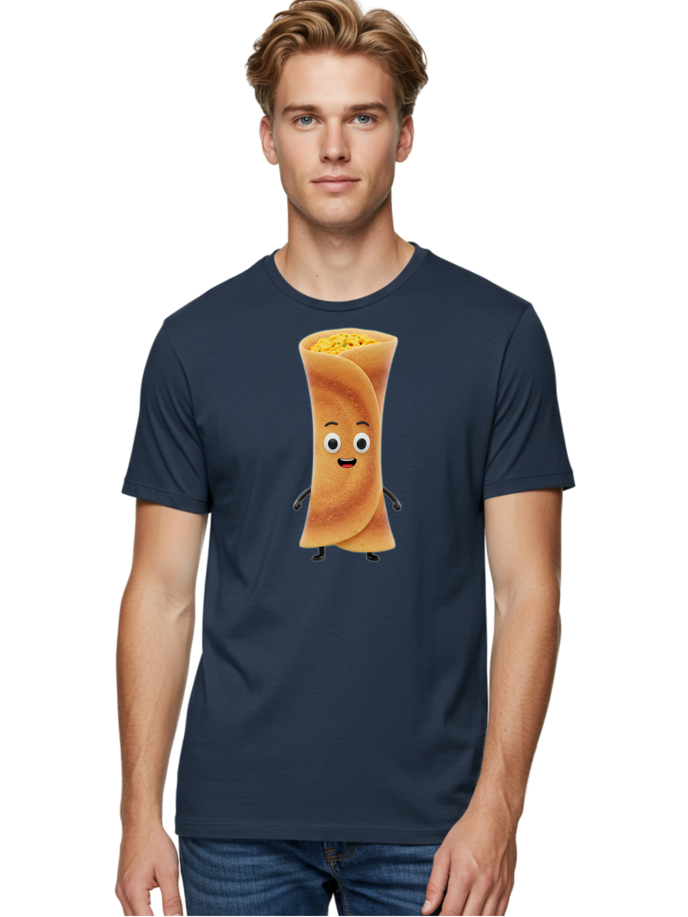 Burrito-Character Men'S Graphic Tee, 100% Cotton, Comfortable Casual Summer Wear, Machine Washable, Cartoon Burrito, Smiling Face, Eyes, Eyebrows, Mouth, Stuffed With Yellow Filling, Mexican Food, Animated Character, Funny, Playful, Foodie, Baa243