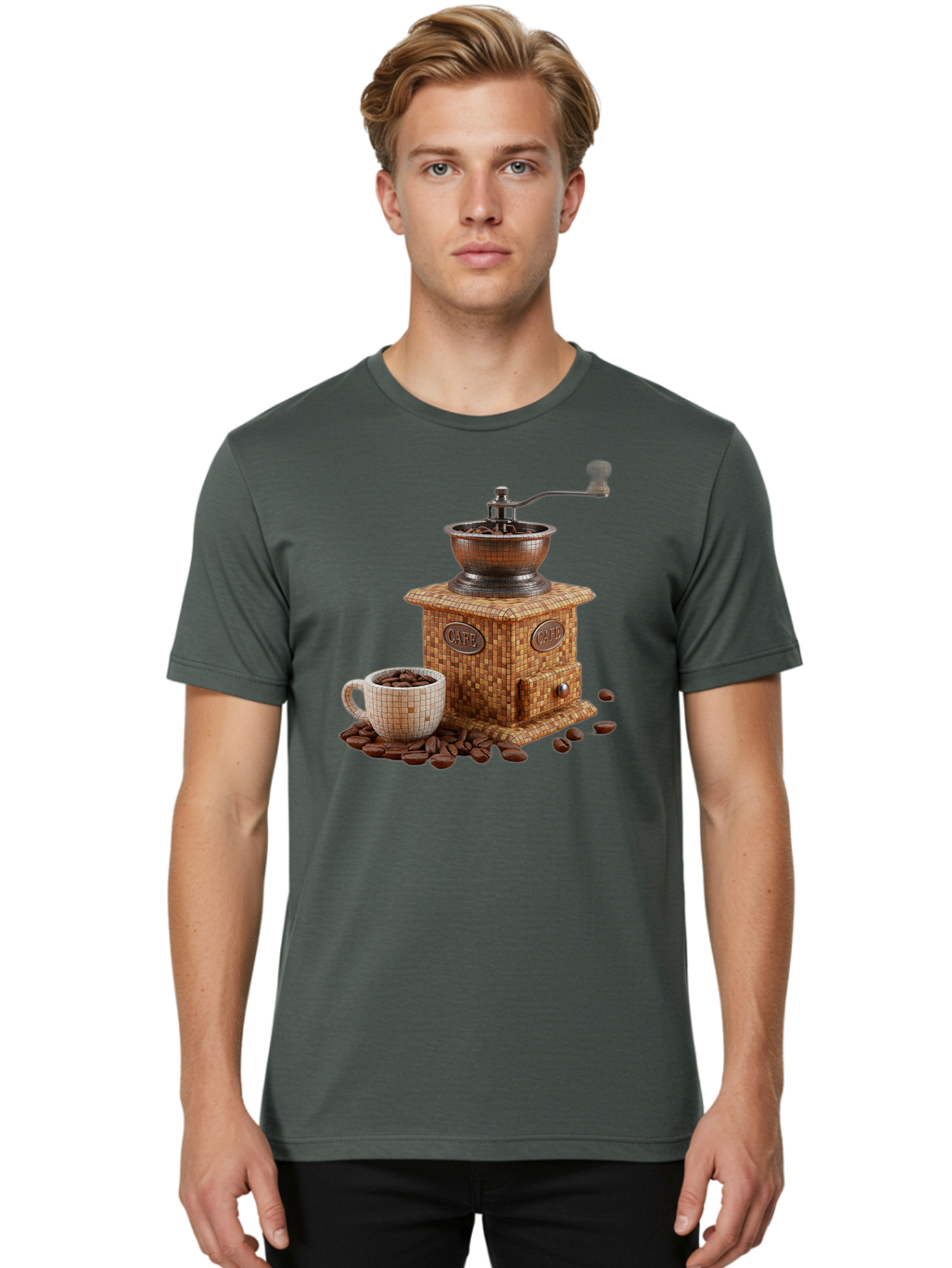 Cafe-Coffee-Grinder-1 Men'S Graphic Tee, 100% Cotton, Comfortable Casual Summer Wear, Machine Washable, Vintage Coffee Grinder, Coffee Beans, Cafe, Manual Grinder, Retro Kitchen, Coffee Lover, Morning Coffee, Coffee Cup, Coffee Time, Baa245