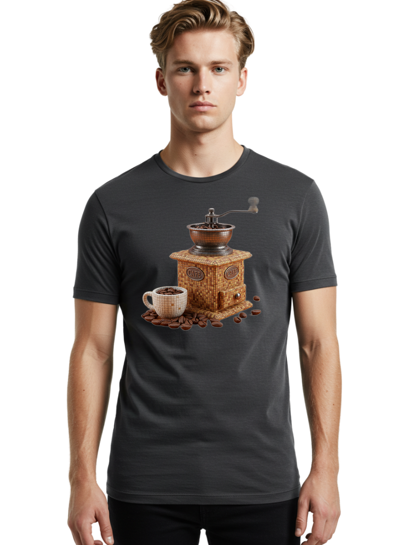 Cafe-Coffee-Grinder-1 Men'S Graphic Tee, 100% Cotton, Comfortable Casual Summer Wear, Machine Washable, Vintage Coffee Grinder, Coffee Beans, Cafe, Manual Grinder, Retro Kitchen, Coffee Lover, Morning Coffee, Coffee Cup, Coffee Time, Baa245