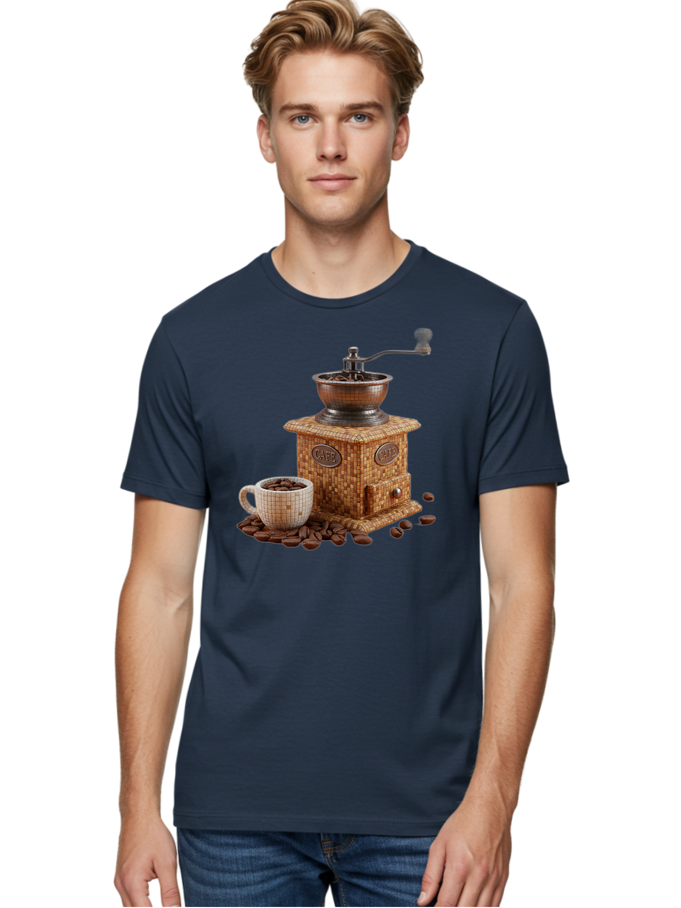 Cafe-Coffee-Grinder-1 Men'S Graphic Tee, 100% Cotton, Comfortable Casual Summer Wear, Machine Washable, Vintage Coffee Grinder, Coffee Beans, Cafe, Manual Grinder, Retro Kitchen, Coffee Lover, Morning Coffee, Coffee Cup, Coffee Time, Baa245