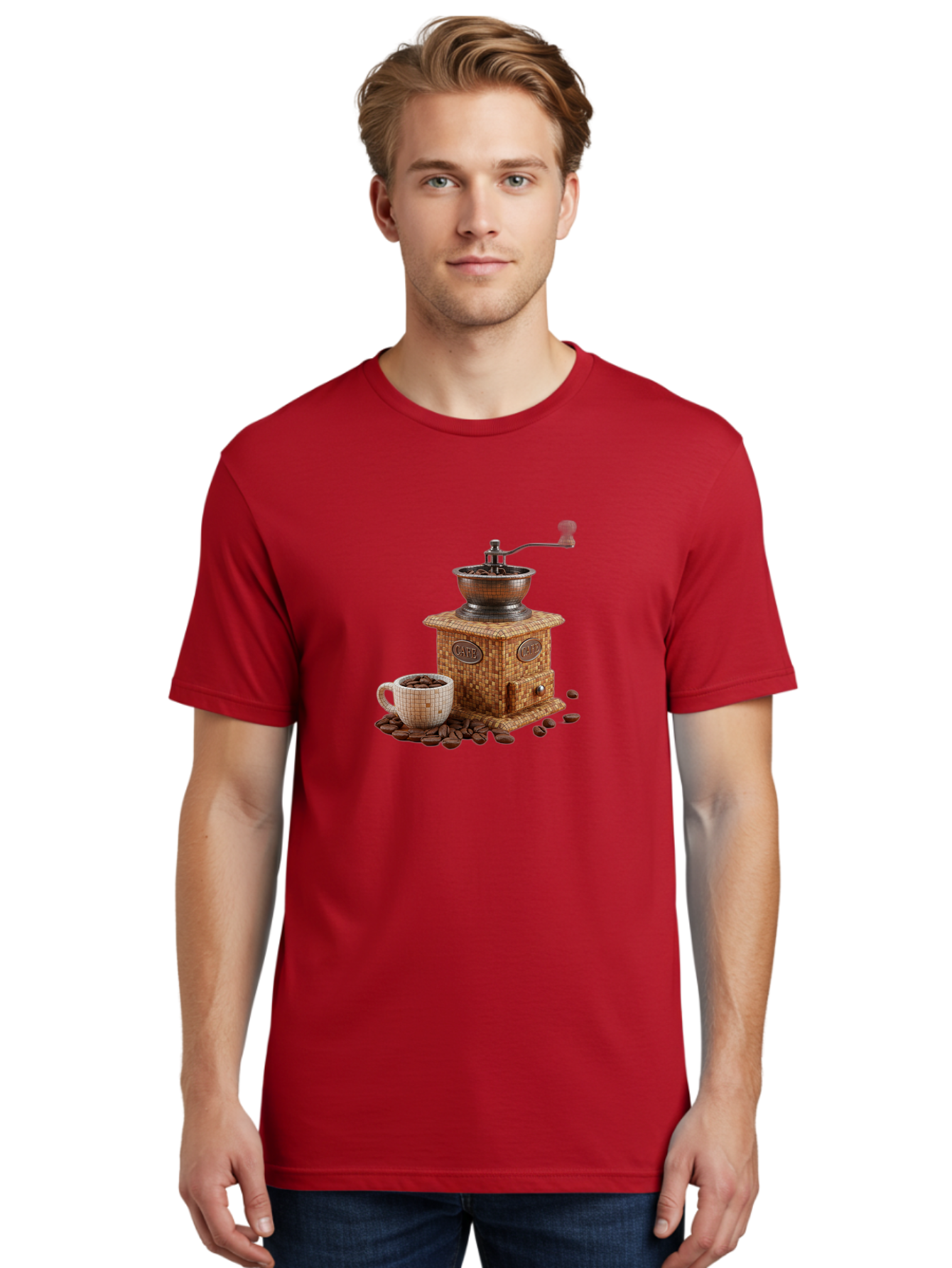 Cafe-Coffee-Grinder-1 Men'S Graphic Tee, 100% Cotton, Comfortable Casual Summer Wear, Machine Washable, Vintage Coffee Grinder, Coffee Beans, Cafe, Manual Grinder, Retro Kitchen, Coffee Lover, Morning Coffee, Coffee Cup, Coffee Time, Baa245