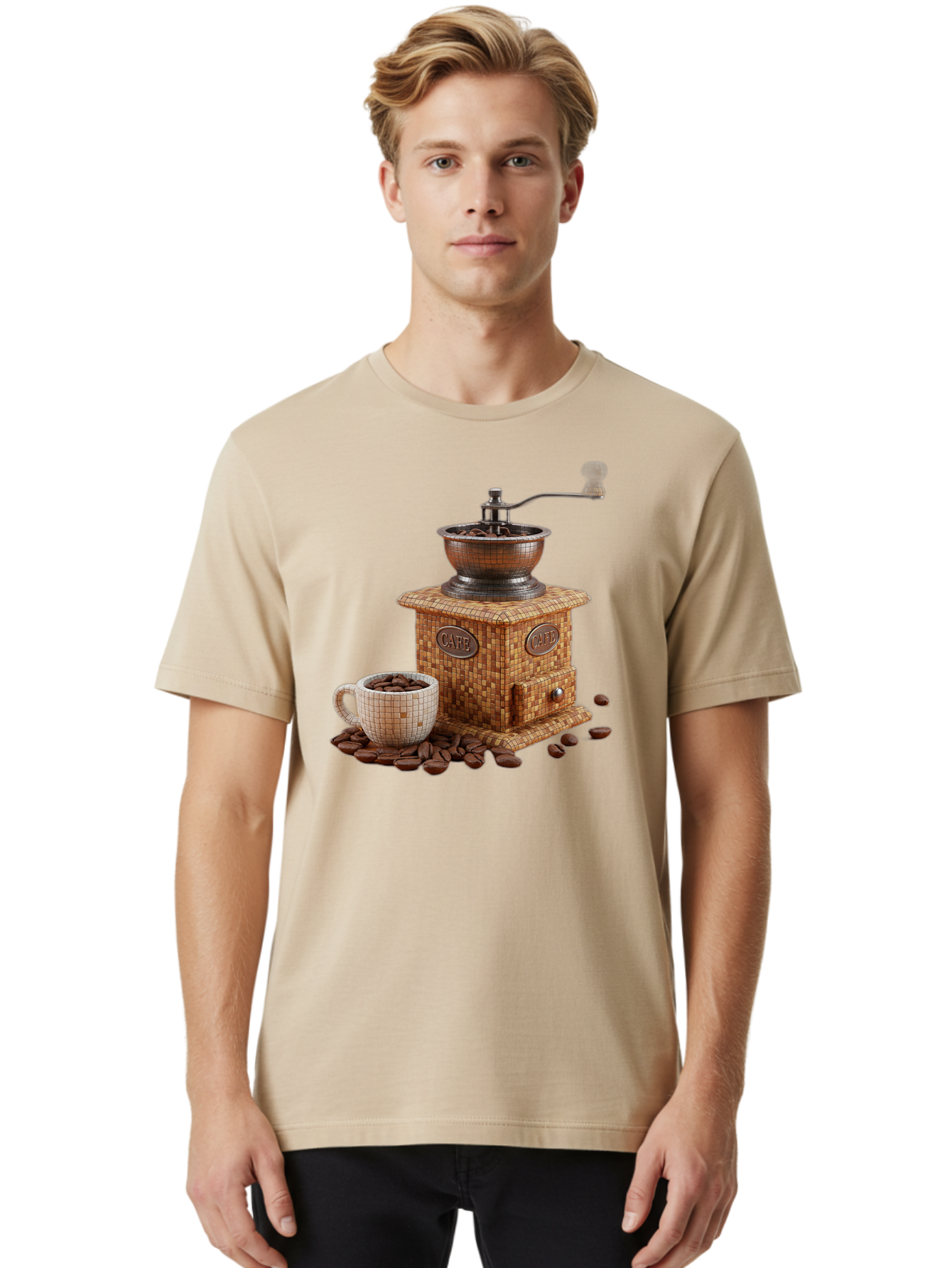Cafe-Coffee-Grinder-1 Men'S Graphic Tee, 100% Cotton, Comfortable Casual Summer Wear, Machine Washable, Vintage Coffee Grinder, Coffee Beans, Cafe, Manual Grinder, Retro Kitchen, Coffee Lover, Morning Coffee, Coffee Cup, Coffee Time, Baa245