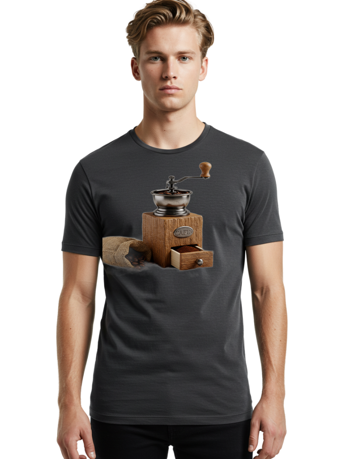 Cafe-Coffee-Grinder Men'S Graphic Tee, 100% Cotton, Comfortable Casual Summer Wear, Machine Washable, Coffee Grinder, Manual Grinder, Wooden Grinder, Cafe Label, Coffee Beans, Burlap Sack, Ground Coffee, Vintage Coffee, Coffee Roasting, Baa246