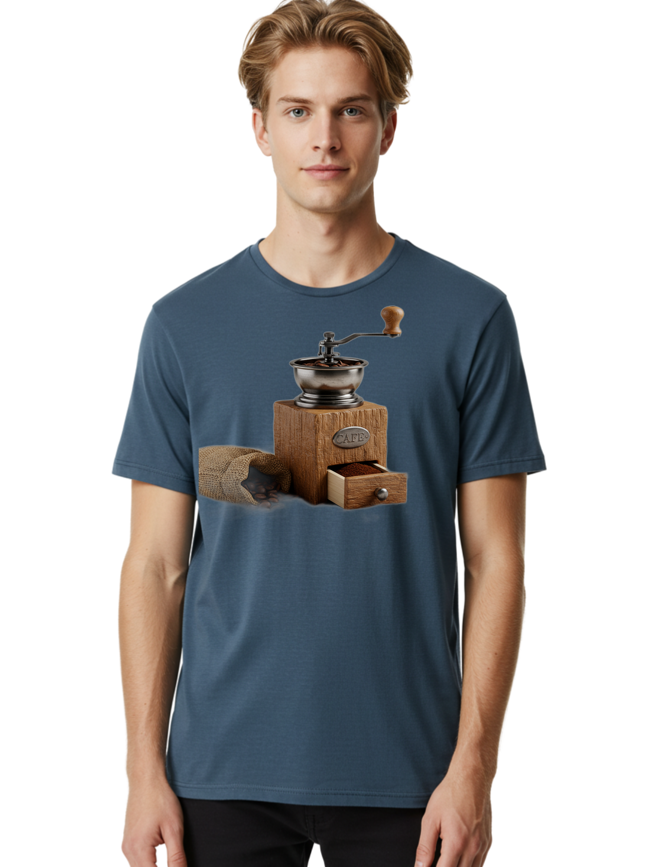 Cafe-Coffee-Grinder Men'S Graphic Tee, 100% Cotton, Comfortable Casual Summer Wear, Machine Washable, Coffee Grinder, Manual Grinder, Wooden Grinder, Cafe Label, Coffee Beans, Burlap Sack, Ground Coffee, Vintage Coffee, Coffee Roasting, Baa246