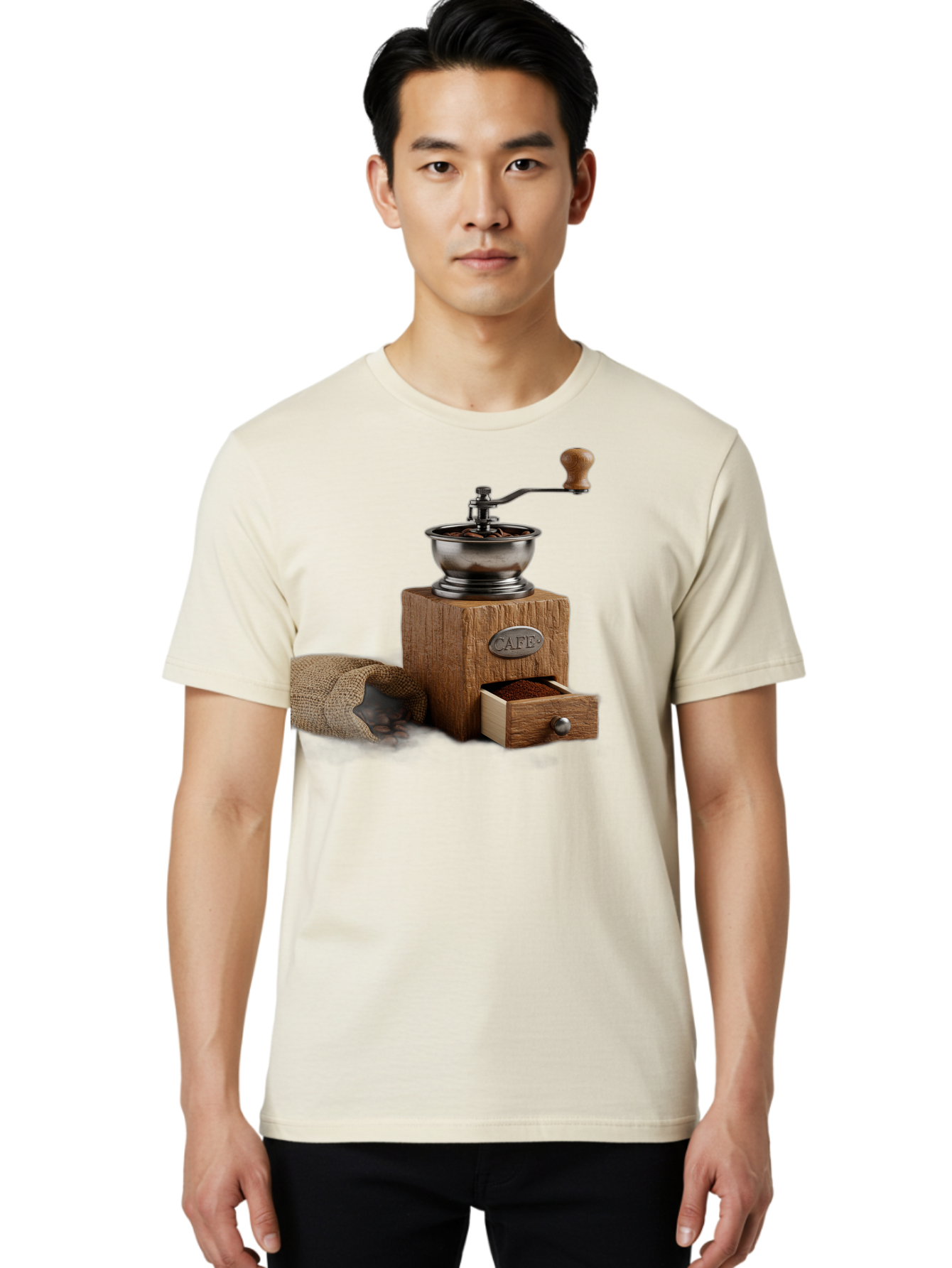 Cafe-Coffee-Grinder Men'S Graphic Tee, 100% Cotton, Comfortable Casual Summer Wear, Machine Washable, Coffee Grinder, Manual Grinder, Wooden Grinder, Cafe Label, Coffee Beans, Burlap Sack, Ground Coffee, Vintage Coffee, Coffee Roasting, Baa246