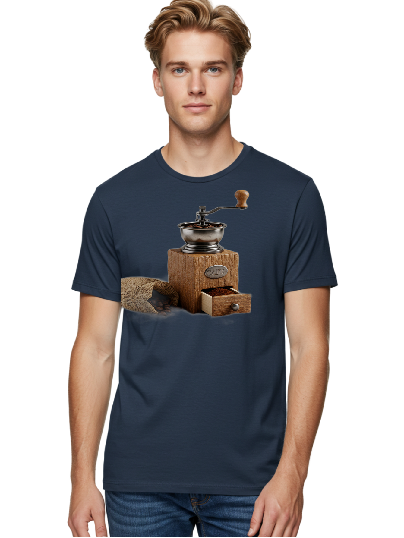 Cafe-Coffee-Grinder Men'S Graphic Tee, 100% Cotton, Comfortable Casual Summer Wear, Machine Washable, Coffee Grinder, Manual Grinder, Wooden Grinder, Cafe Label, Coffee Beans, Burlap Sack, Ground Coffee, Vintage Coffee, Coffee Roasting, Baa246