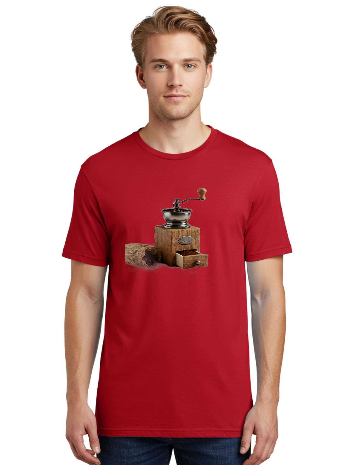Cafe-Coffee-Grinder Men'S Graphic Tee, 100% Cotton, Comfortable Casual Summer Wear, Machine Washable, Coffee Grinder, Manual Grinder, Wooden Grinder, Cafe Label, Coffee Beans, Burlap Sack, Ground Coffee, Vintage Coffee, Coffee Roasting, Baa246