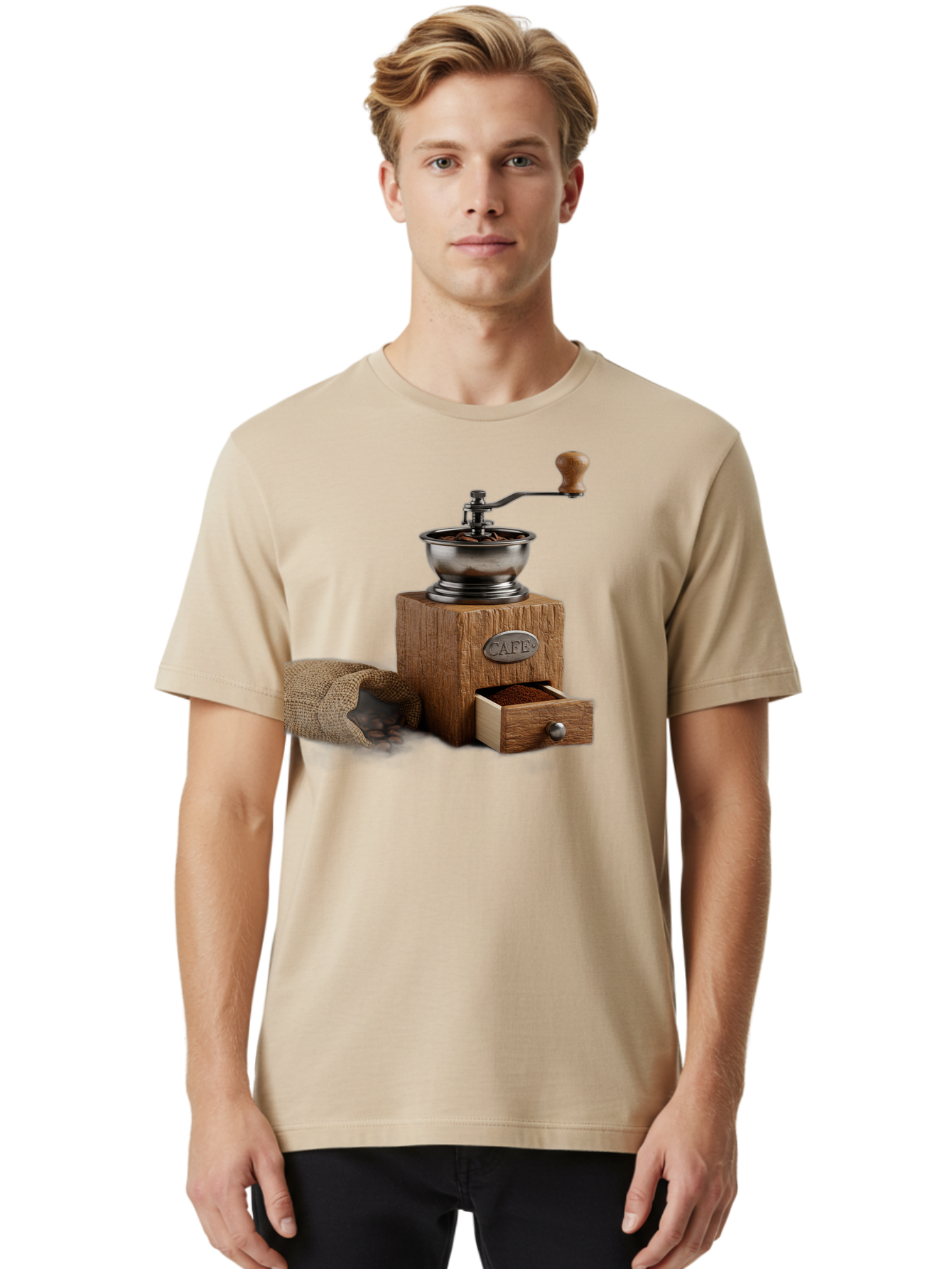 Cafe-Coffee-Grinder Men'S Graphic Tee, 100% Cotton, Comfortable Casual Summer Wear, Machine Washable, Coffee Grinder, Manual Grinder, Wooden Grinder, Cafe Label, Coffee Beans, Burlap Sack, Ground Coffee, Vintage Coffee, Coffee Roasting, Baa246