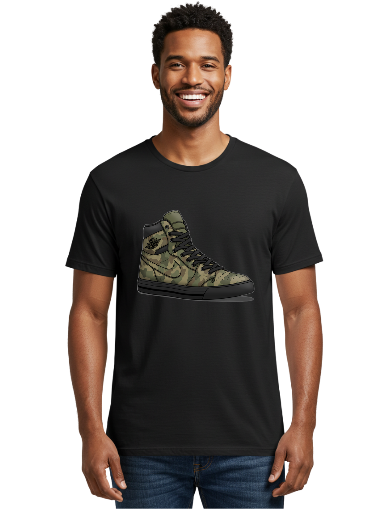 Camo-Jordan-1 Men'S Graphic Tee, 100% Cotton, Comfortable Casual Summer Wear, Machine Washable, Camouflage Nike Shoe, High-Top Sneakers, Black Laces, Nike Swoosh Logo, Streetwear Fashion, Athletic Footwear, Camouflage Pattern, Black Sole Baa247
