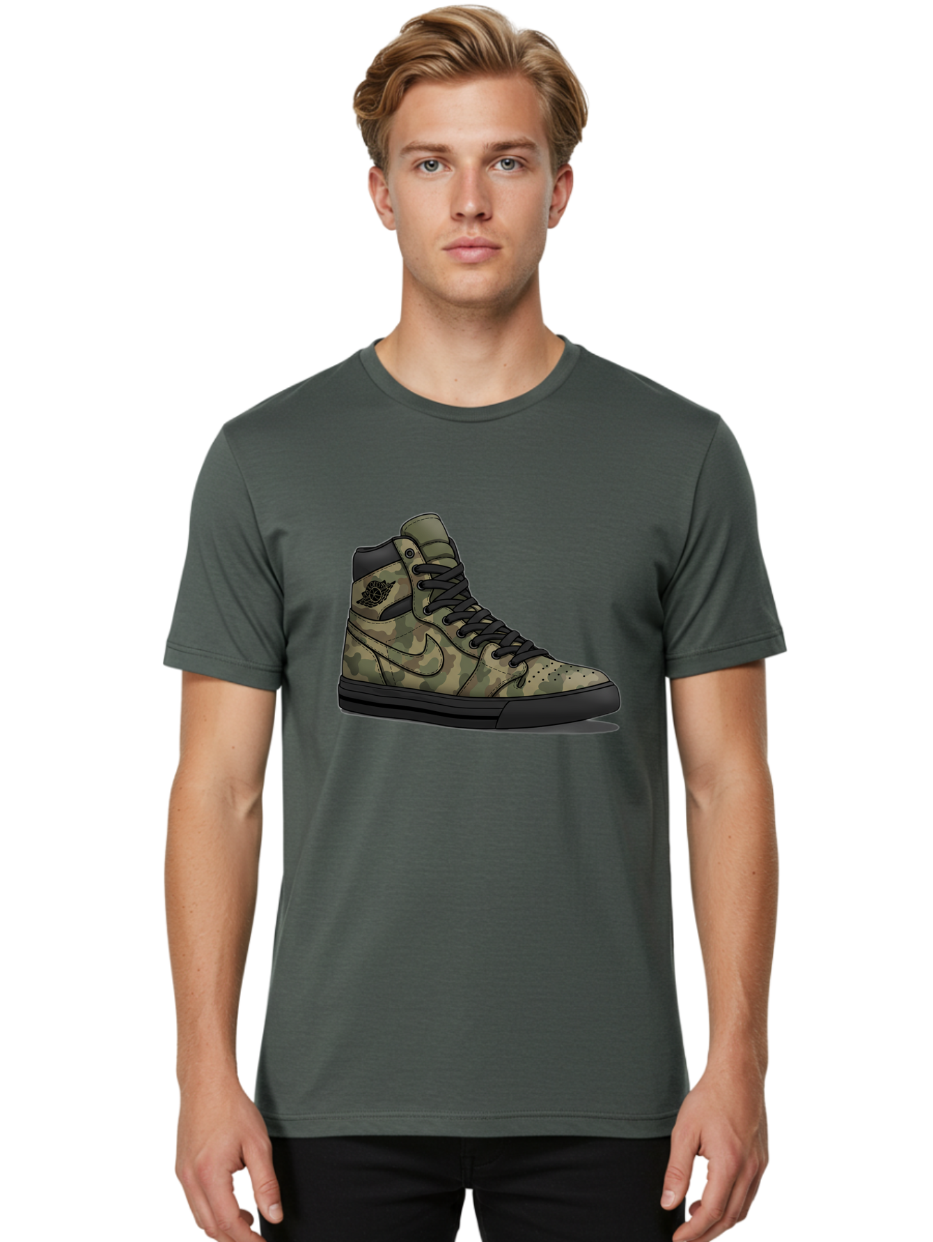 Camo-Jordan-1 Men'S Graphic Tee, 100% Cotton, Comfortable Casual Summer Wear, Machine Washable, Camouflage Nike Shoe, High-Top Sneakers, Black Laces, Nike Swoosh Logo, Streetwear Fashion, Athletic Footwear, Camouflage Pattern, Black Sole Baa247