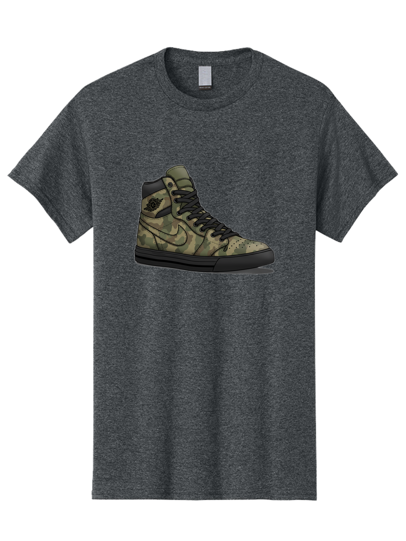 Camo-Jordan-1 Men'S Graphic Tee, 100% Cotton, Comfortable Casual Summer Wear, Machine Washable, Camouflage Nike Shoe, High-Top Sneakers, Black Laces, Nike Swoosh Logo, Streetwear Fashion, Athletic Footwear, Camouflage Pattern, Black Sole Baa247