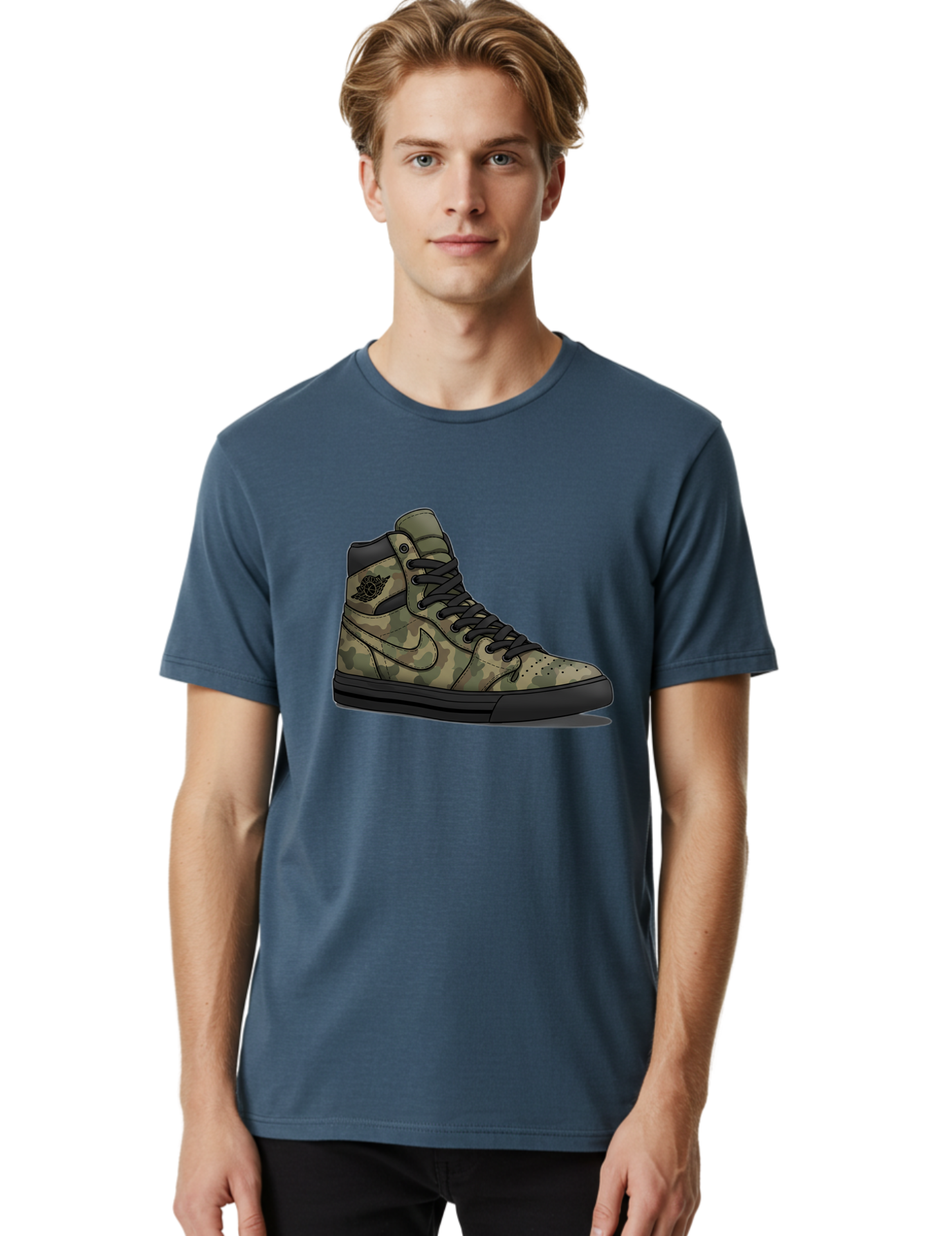 Camo-Jordan-1 Men'S Graphic Tee, 100% Cotton, Comfortable Casual Summer Wear, Machine Washable, Camouflage Nike Shoe, High-Top Sneakers, Black Laces, Nike Swoosh Logo, Streetwear Fashion, Athletic Footwear, Camouflage Pattern, Black Sole Baa247