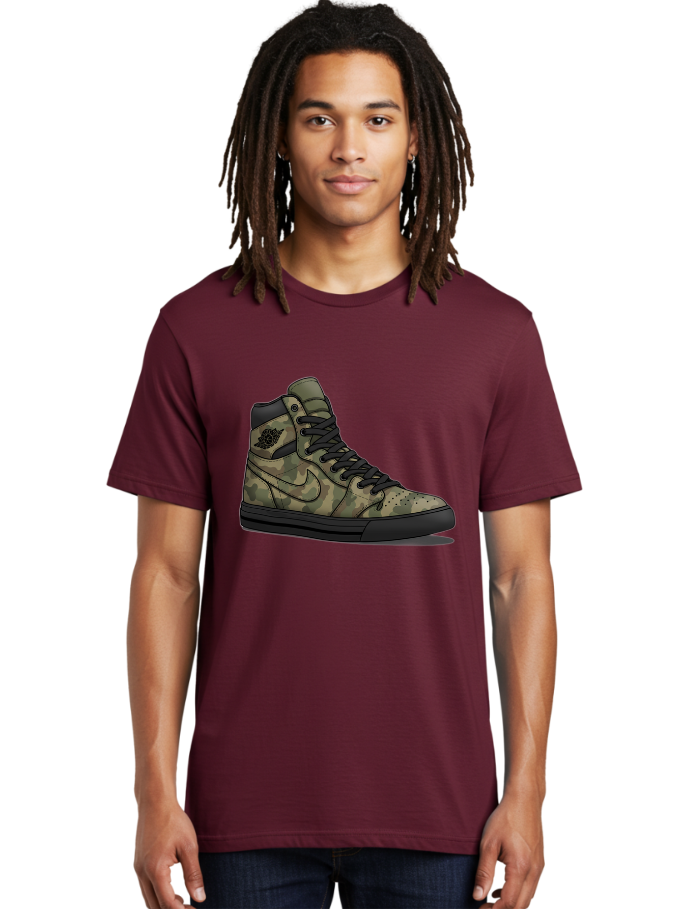 Camo-Jordan-1 Men'S Graphic Tee, 100% Cotton, Comfortable Casual Summer Wear, Machine Washable, Camouflage Nike Shoe, High-Top Sneakers, Black Laces, Nike Swoosh Logo, Streetwear Fashion, Athletic Footwear, Camouflage Pattern, Black Sole Baa247
