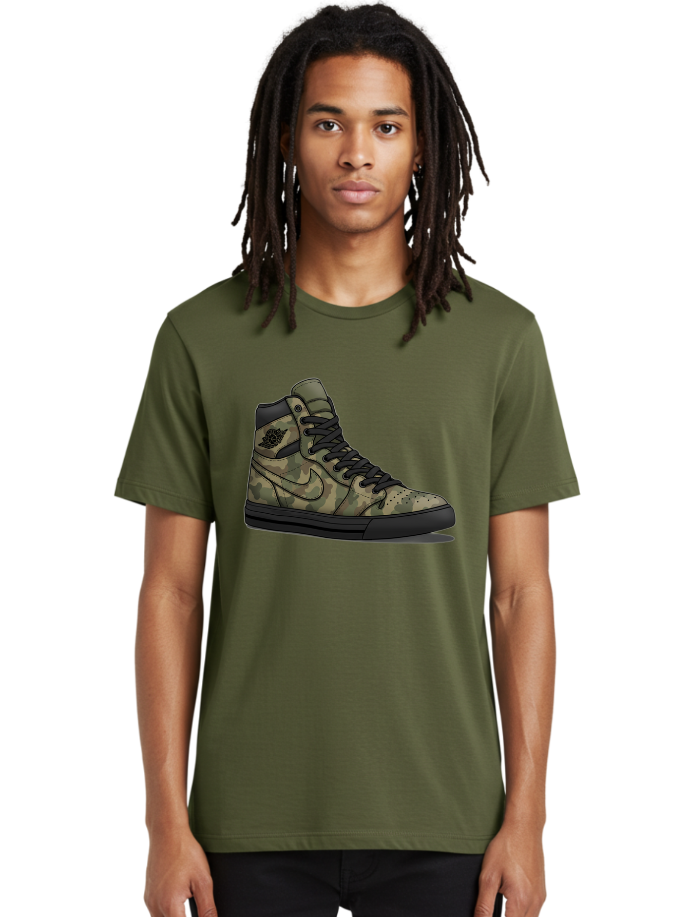 Camo-Jordan-1 Men'S Graphic Tee, 100% Cotton, Comfortable Casual Summer Wear, Machine Washable, Camouflage Nike Shoe, High-Top Sneakers, Black Laces, Nike Swoosh Logo, Streetwear Fashion, Athletic Footwear, Camouflage Pattern, Black Sole Baa247