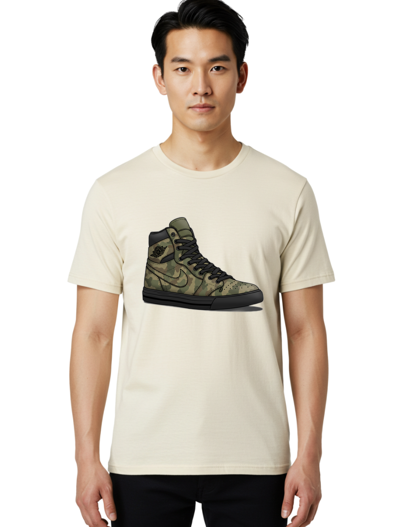 Camo-Jordan-1 Men'S Graphic Tee, 100% Cotton, Comfortable Casual Summer Wear, Machine Washable, Camouflage Nike Shoe, High-Top Sneakers, Black Laces, Nike Swoosh Logo, Streetwear Fashion, Athletic Footwear, Camouflage Pattern, Black Sole Baa247