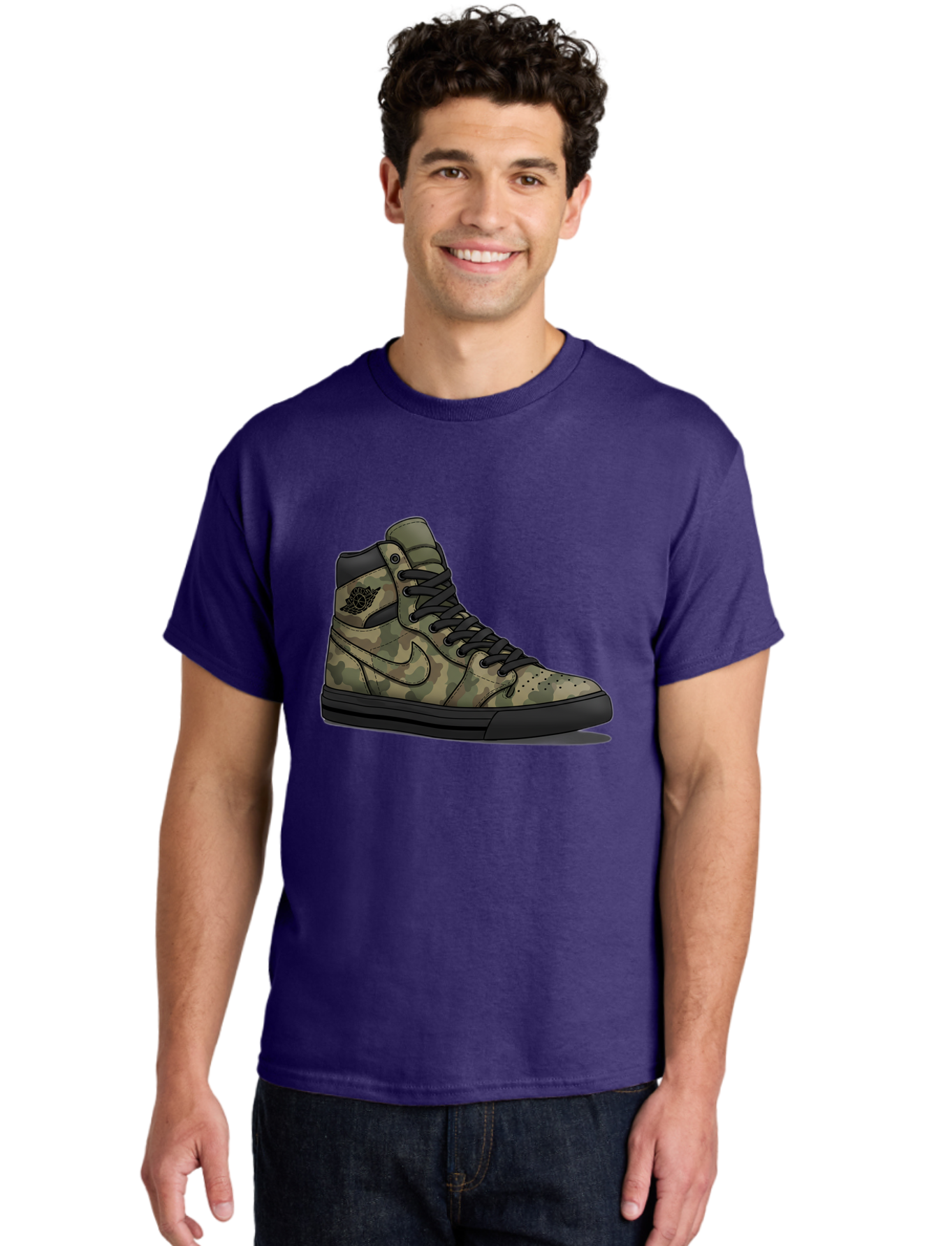 Camo-Jordan-1 Men'S Graphic Tee, 100% Cotton, Comfortable Casual Summer Wear, Machine Washable, Camouflage Nike Shoe, High-Top Sneakers, Black Laces, Nike Swoosh Logo, Streetwear Fashion, Athletic Footwear, Camouflage Pattern, Black Sole Baa247