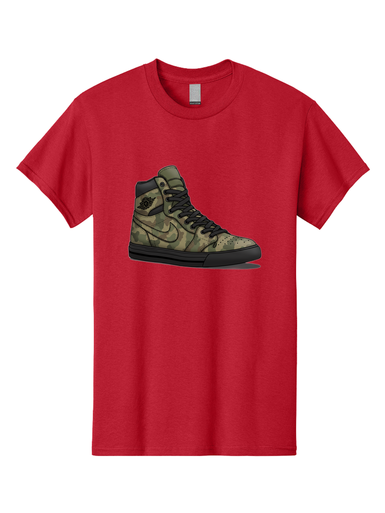 Camo-Jordan-1 Men'S Graphic Tee, 100% Cotton, Comfortable Casual Summer Wear, Machine Washable, Camouflage Nike Shoe, High-Top Sneakers, Black Laces, Nike Swoosh Logo, Streetwear Fashion, Athletic Footwear, Camouflage Pattern, Black Sole Baa247