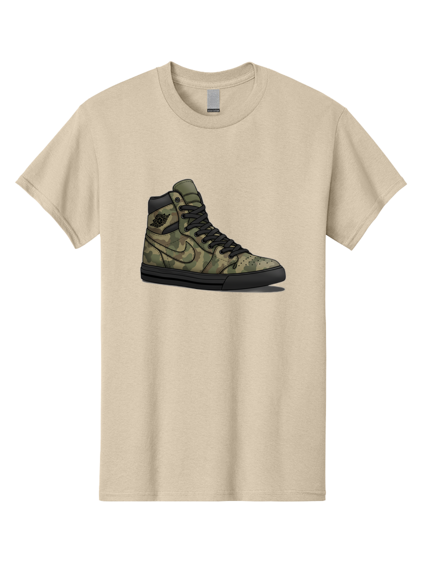 Camo-Jordan-1 Men'S Graphic Tee, 100% Cotton, Comfortable Casual Summer Wear, Machine Washable, Camouflage Nike Shoe, High-Top Sneakers, Black Laces, Nike Swoosh Logo, Streetwear Fashion, Athletic Footwear, Camouflage Pattern, Black Sole Baa247