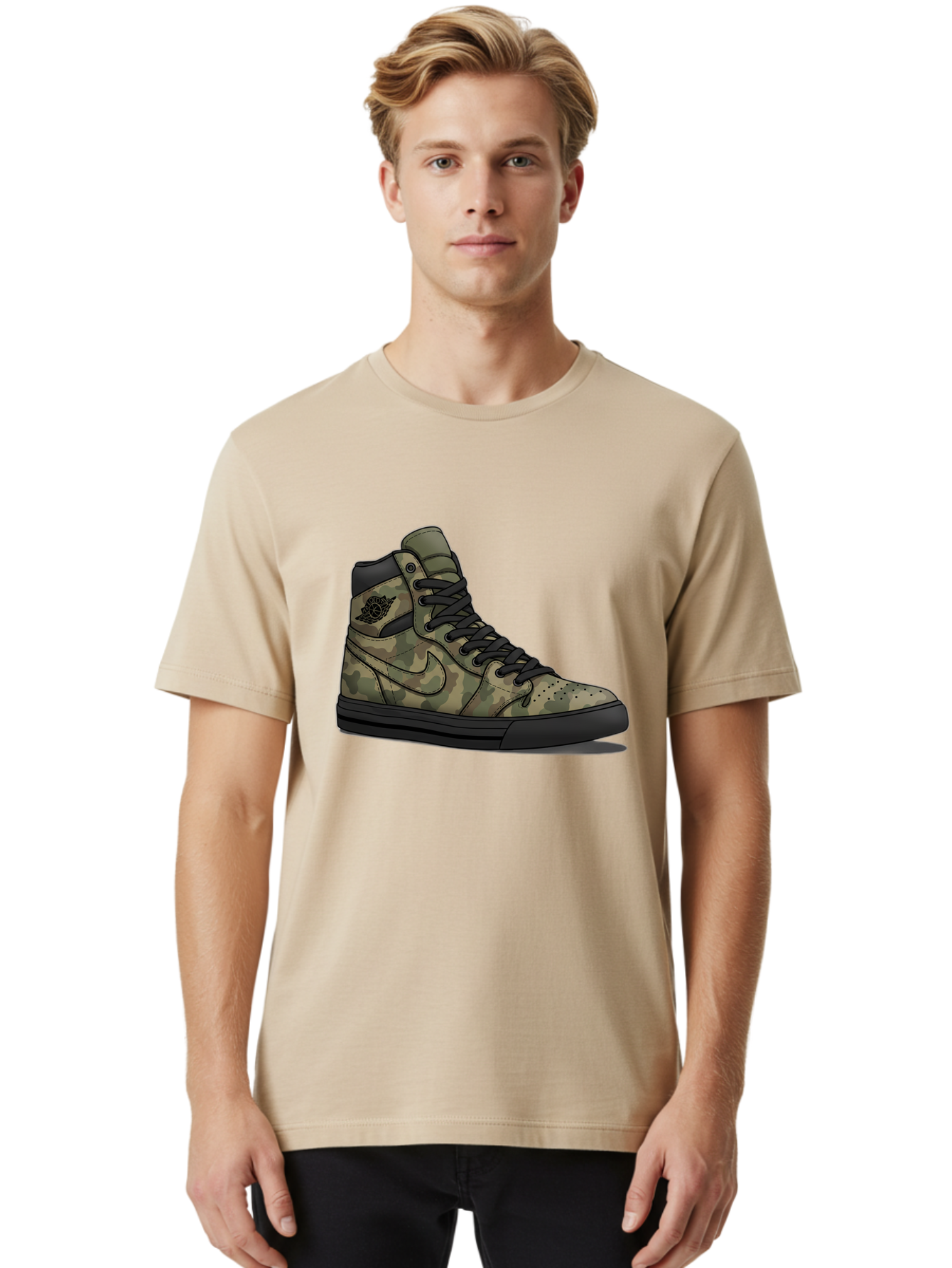 Camo-Jordan-1 Men'S Graphic Tee, 100% Cotton, Comfortable Casual Summer Wear, Machine Washable, Camouflage Nike Shoe, High-Top Sneakers, Black Laces, Nike Swoosh Logo, Streetwear Fashion, Athletic Footwear, Camouflage Pattern, Black Sole Baa247