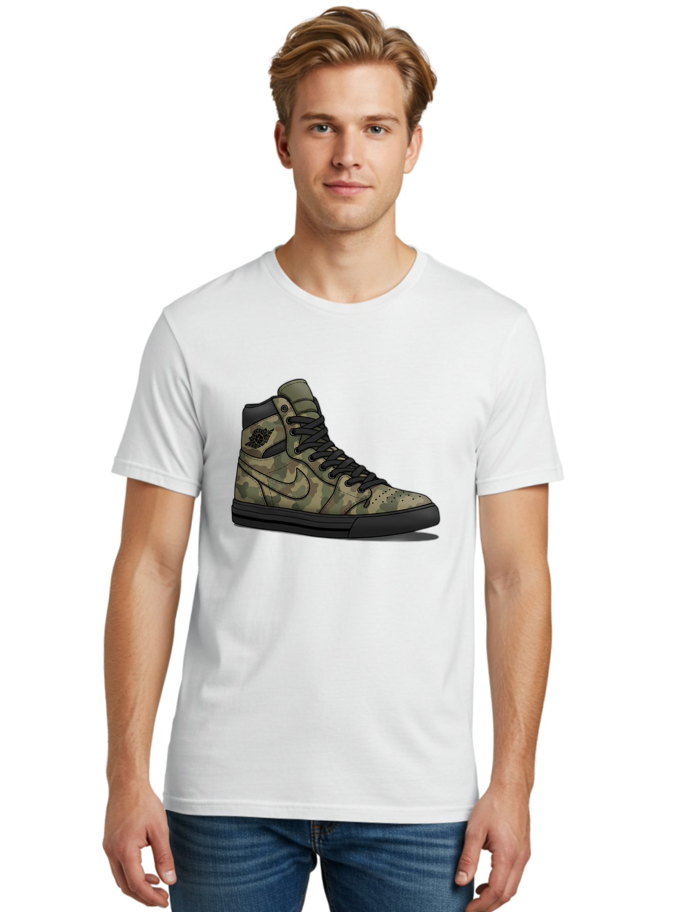 Camo-Jordan-1 Men'S Graphic Tee, 100% Cotton, Comfortable Casual Summer Wear, Machine Washable, Camouflage Nike Shoe, High-Top Sneakers, Black Laces, Nike Swoosh Logo, Streetwear Fashion, Athletic Footwear, Camouflage Pattern, Black Sole Baa247
