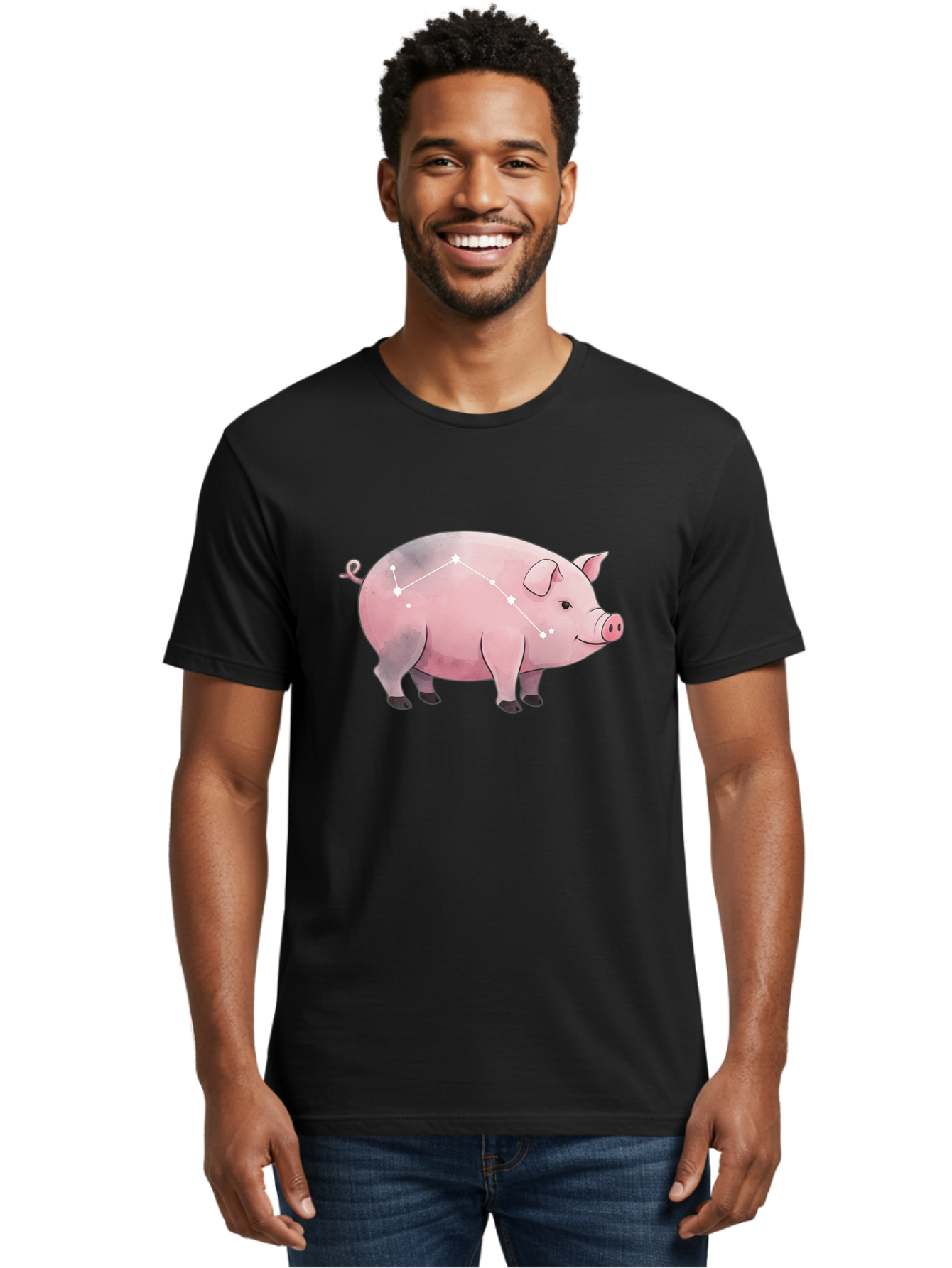 Cancer Men'S Graphic Tee, 100% Cotton, Comfortable Casual Summer Wear, Machine Washable, Cartoon Pig, Zodiac Sign, Astrology Symbol, Constellation Pattern, Cute Animal Illustration, Starry Design, Funny Pig Graphics Baa249