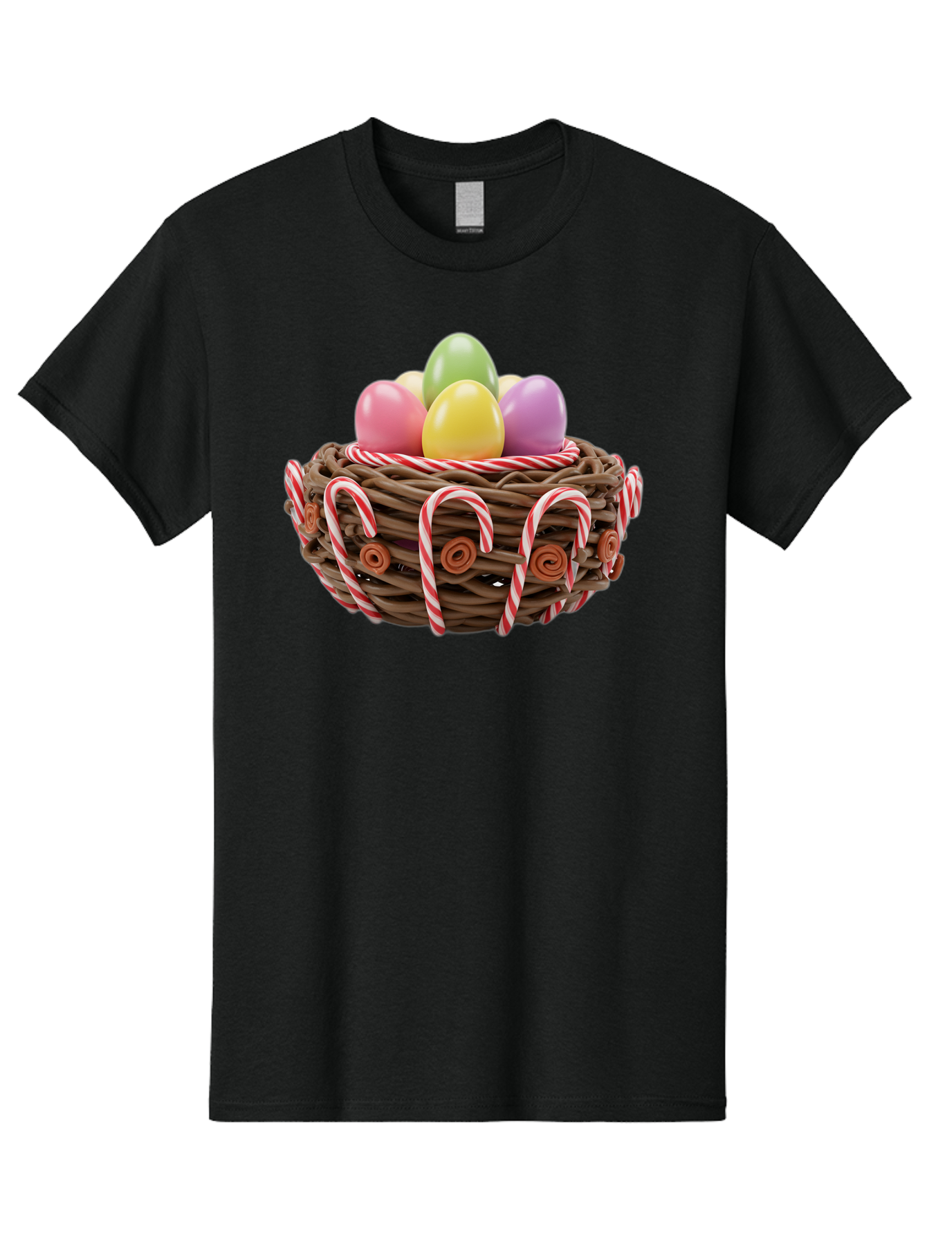 Candy-Cane-Nest-With-Easter-Eggs Men'S Graphic Tee, 100% Cotton, Comfortable Casual Summer Wear, Machine Washable, Easter Eggs In Nest, Candy Canes Decoration, Festive Treats, Holiday Sweets, Pastel Colors, Wicker Basket, Seasonal Decor, Baa250