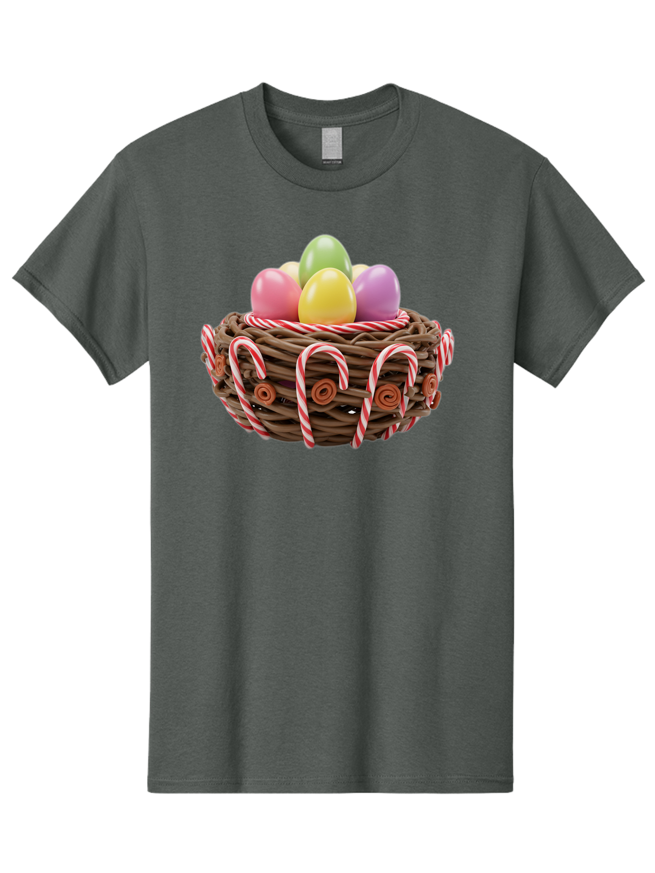 Candy-Cane-Nest-With-Easter-Eggs Men'S Graphic Tee, 100% Cotton, Comfortable Casual Summer Wear, Machine Washable, Easter Eggs In Nest, Candy Canes Decoration, Festive Treats, Holiday Sweets, Pastel Colors, Wicker Basket, Seasonal Decor, Baa250
