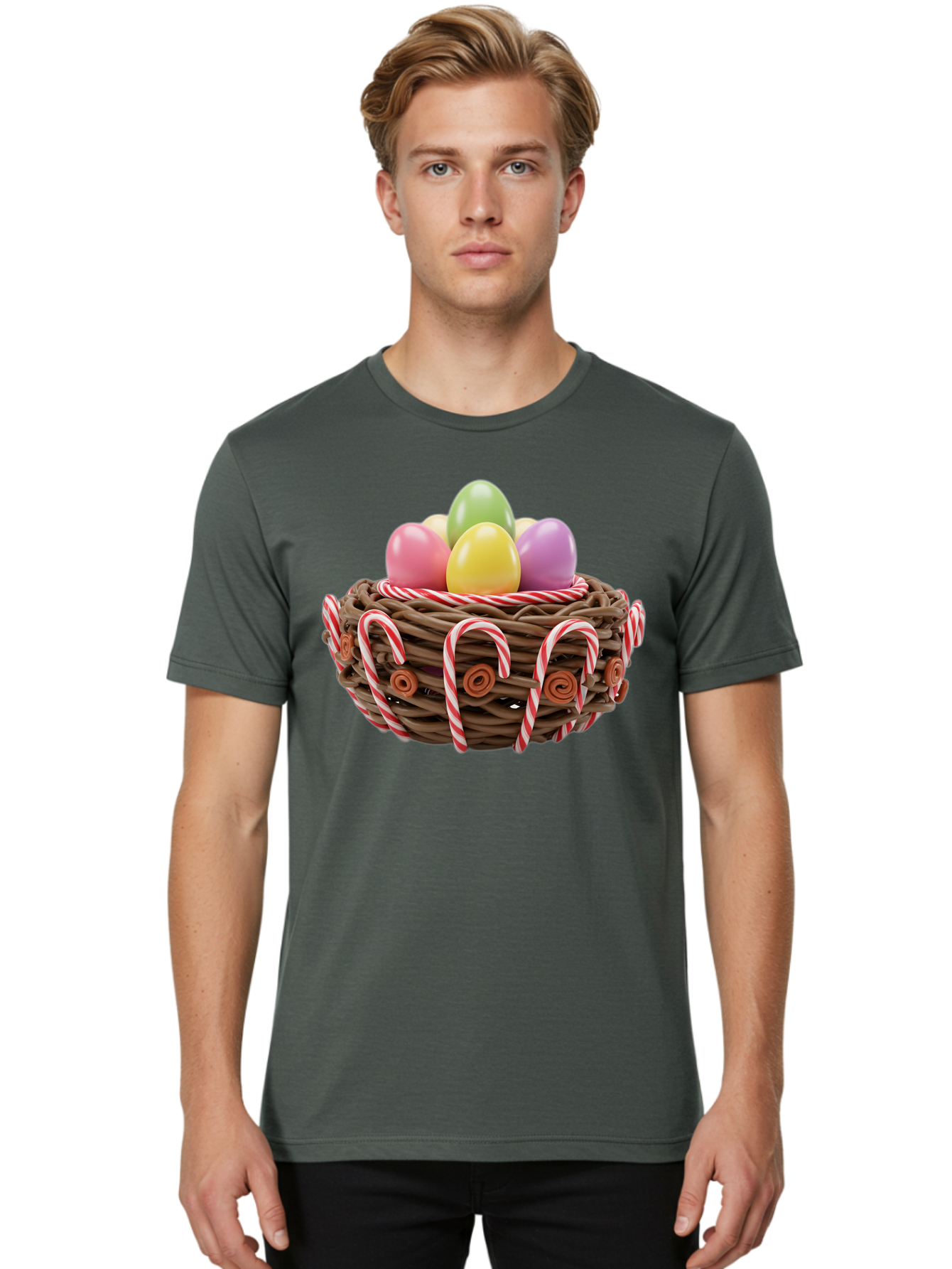 Candy-Cane-Nest-With-Easter-Eggs Men'S Graphic Tee, 100% Cotton, Comfortable Casual Summer Wear, Machine Washable, Easter Eggs In Nest, Candy Canes Decoration, Festive Treats, Holiday Sweets, Pastel Colors, Wicker Basket, Seasonal Decor, Baa250