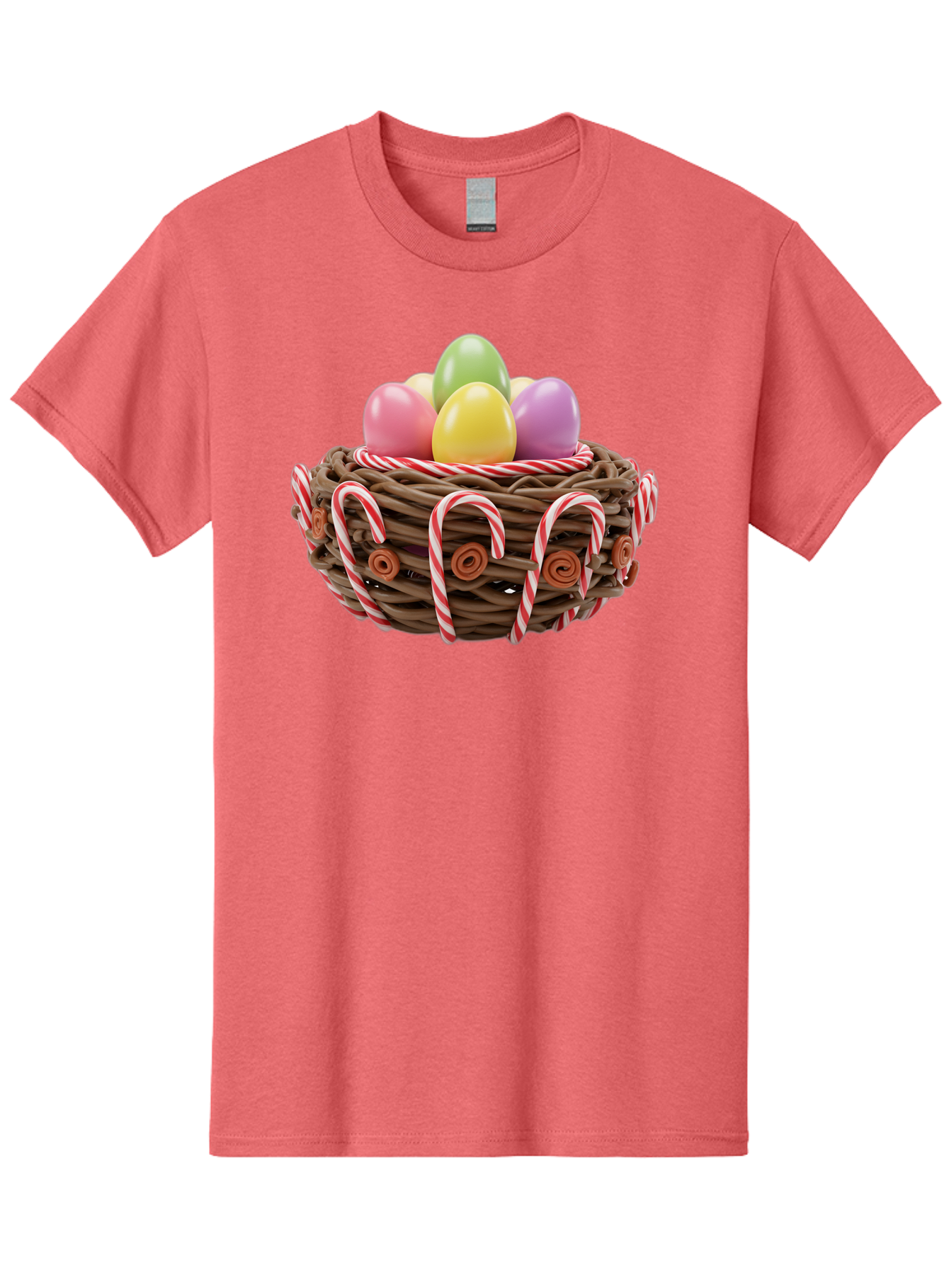 Candy-Cane-Nest-With-Easter-Eggs Men'S Graphic Tee, 100% Cotton, Comfortable Casual Summer Wear, Machine Washable, Easter Eggs In Nest, Candy Canes Decoration, Festive Treats, Holiday Sweets, Pastel Colors, Wicker Basket, Seasonal Decor, Baa250