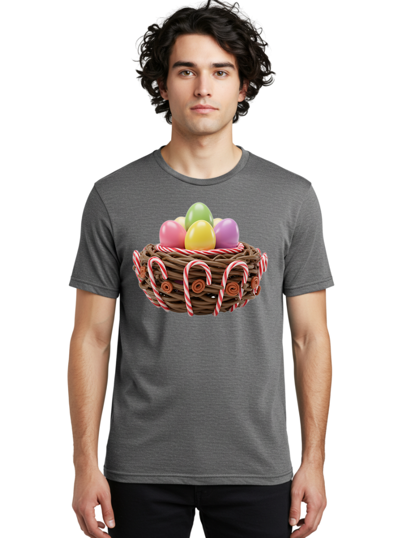 Candy-Cane-Nest-With-Easter-Eggs Men'S Graphic Tee, 100% Cotton, Comfortable Casual Summer Wear, Machine Washable, Easter Eggs In Nest, Candy Canes Decoration, Festive Treats, Holiday Sweets, Pastel Colors, Wicker Basket, Seasonal Decor, Baa250