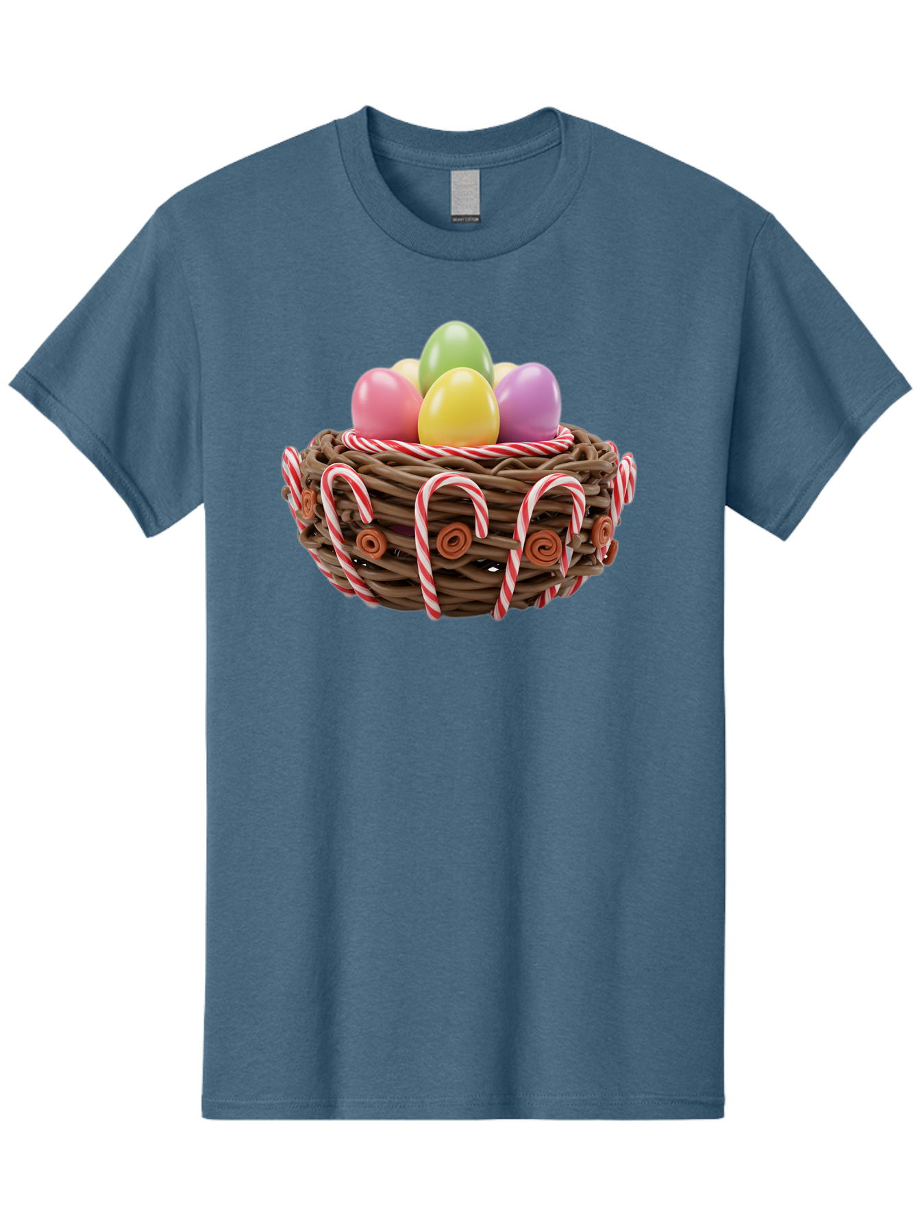 Candy-Cane-Nest-With-Easter-Eggs Men'S Graphic Tee, 100% Cotton, Comfortable Casual Summer Wear, Machine Washable, Easter Eggs In Nest, Candy Canes Decoration, Festive Treats, Holiday Sweets, Pastel Colors, Wicker Basket, Seasonal Decor, Baa250