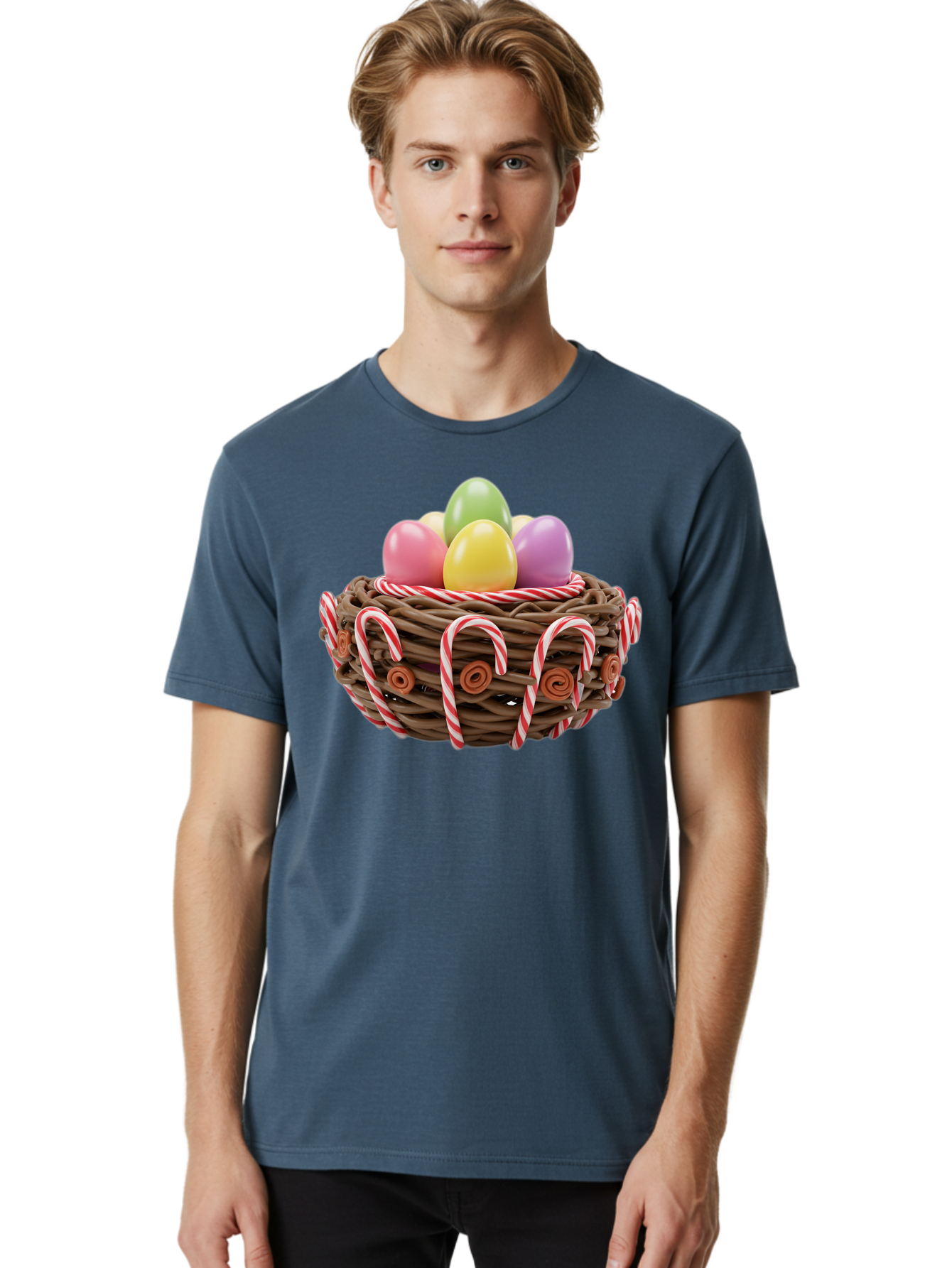 Candy-Cane-Nest-With-Easter-Eggs Men'S Graphic Tee, 100% Cotton, Comfortable Casual Summer Wear, Machine Washable, Easter Eggs In Nest, Candy Canes Decoration, Festive Treats, Holiday Sweets, Pastel Colors, Wicker Basket, Seasonal Decor, Baa250