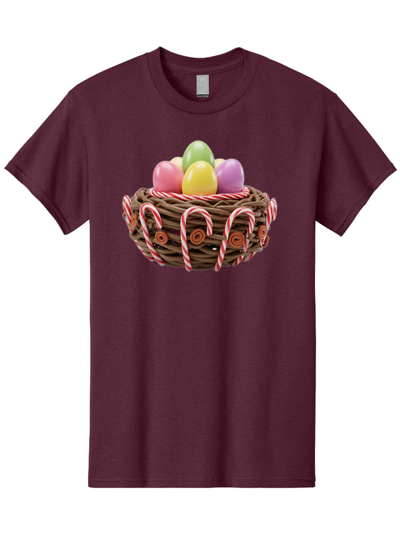 Candy-Cane-Nest-With-Easter-Eggs Men'S Graphic Tee, 100% Cotton, Comfortable Casual Summer Wear, Machine Washable, Easter Eggs In Nest, Candy Canes Decoration, Festive Treats, Holiday Sweets, Pastel Colors, Wicker Basket, Seasonal Decor, Baa250