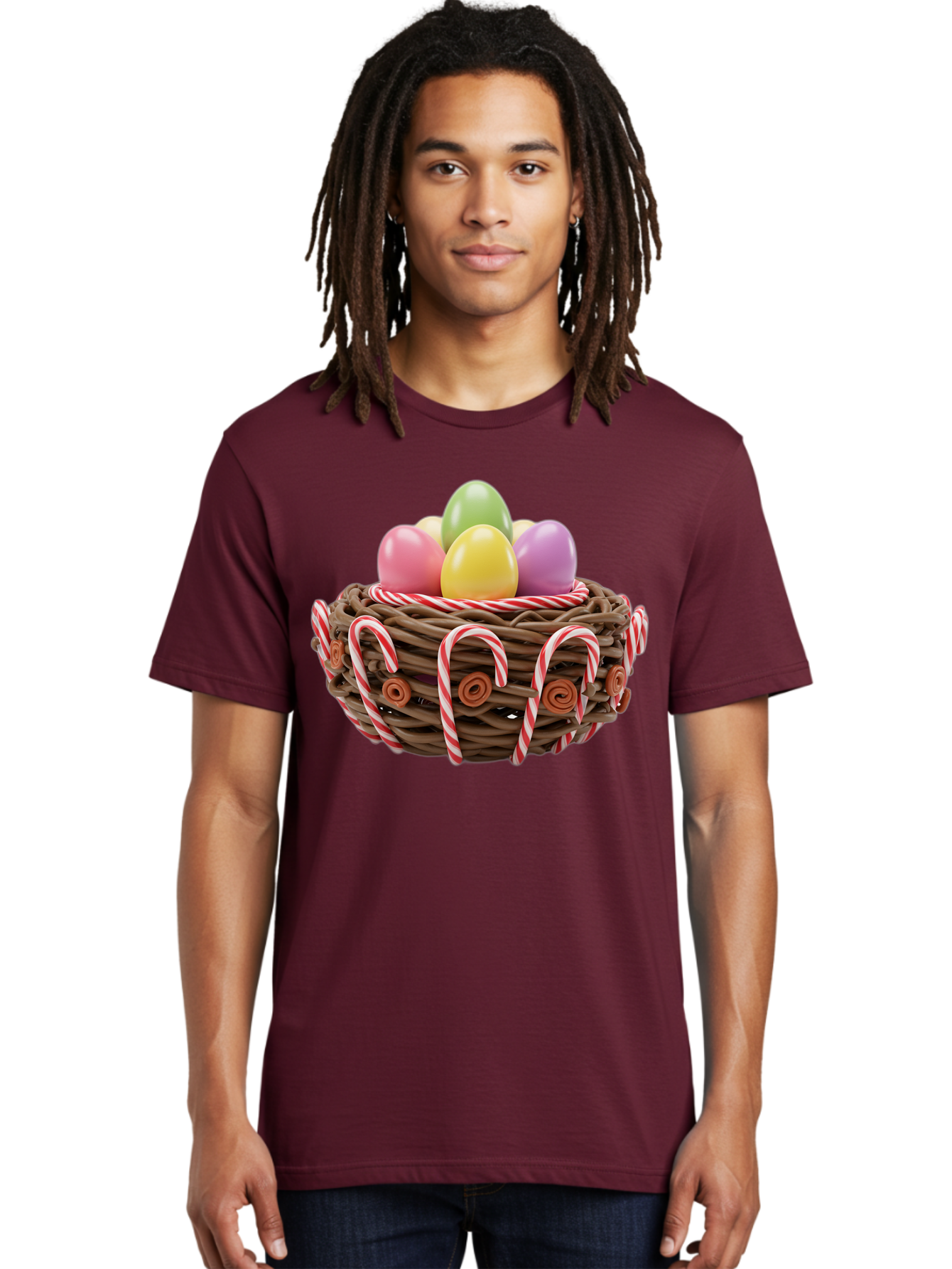 Candy-Cane-Nest-With-Easter-Eggs Men'S Graphic Tee, 100% Cotton, Comfortable Casual Summer Wear, Machine Washable, Easter Eggs In Nest, Candy Canes Decoration, Festive Treats, Holiday Sweets, Pastel Colors, Wicker Basket, Seasonal Decor, Baa250