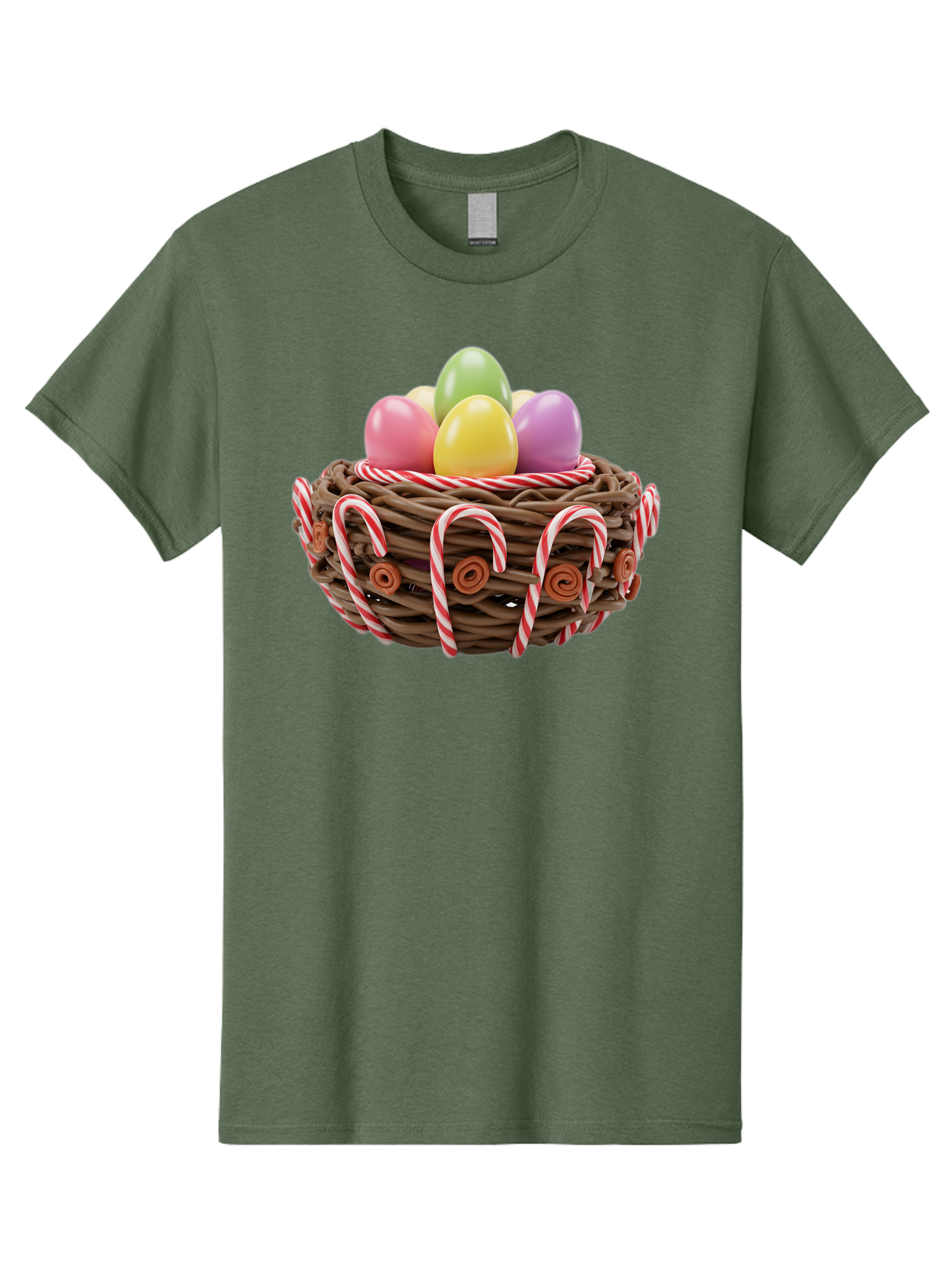 Candy-Cane-Nest-With-Easter-Eggs Men'S Graphic Tee, 100% Cotton, Comfortable Casual Summer Wear, Machine Washable, Easter Eggs In Nest, Candy Canes Decoration, Festive Treats, Holiday Sweets, Pastel Colors, Wicker Basket, Seasonal Decor, Baa250
