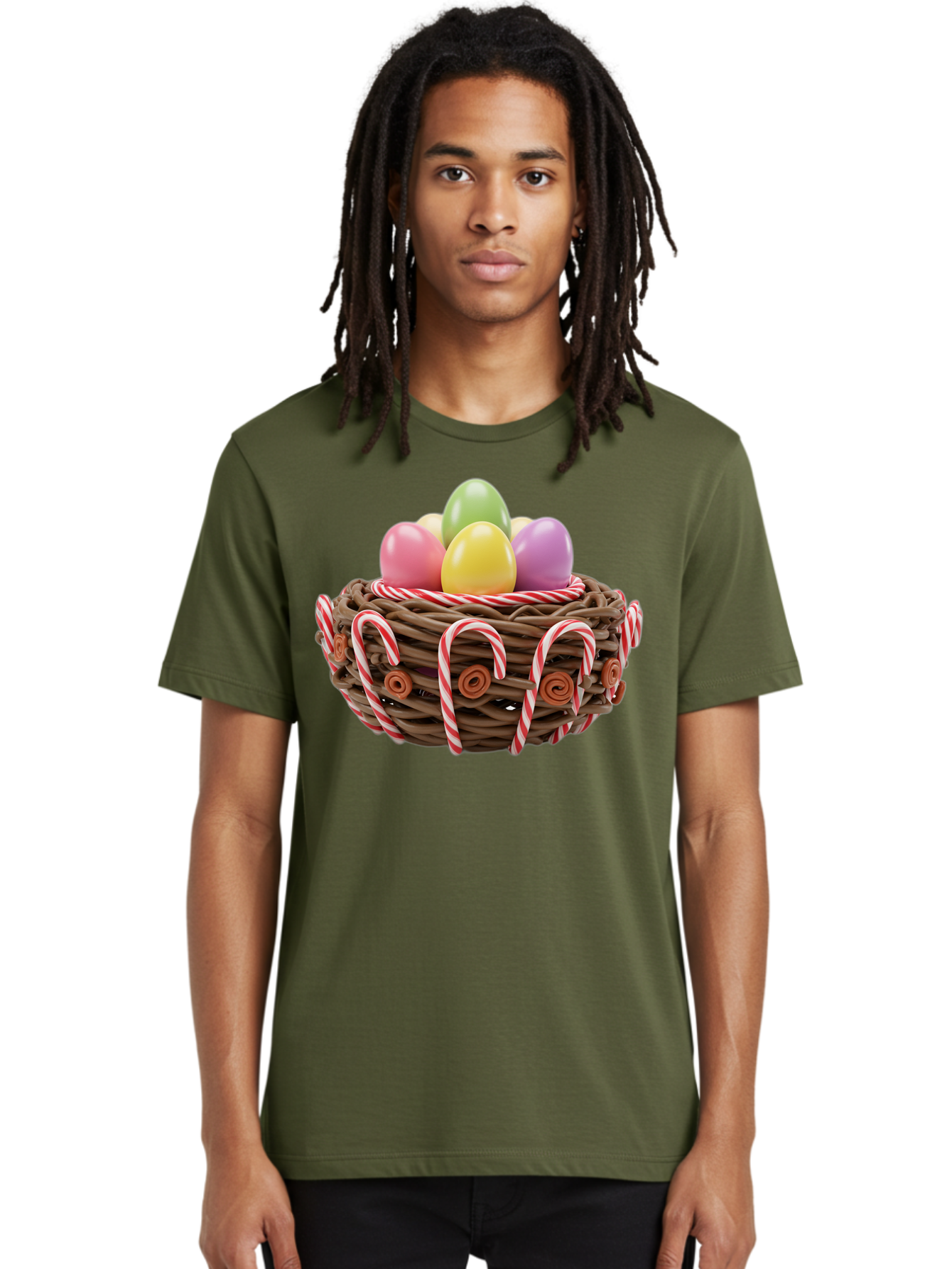 Candy-Cane-Nest-With-Easter-Eggs Men'S Graphic Tee, 100% Cotton, Comfortable Casual Summer Wear, Machine Washable, Easter Eggs In Nest, Candy Canes Decoration, Festive Treats, Holiday Sweets, Pastel Colors, Wicker Basket, Seasonal Decor, Baa250