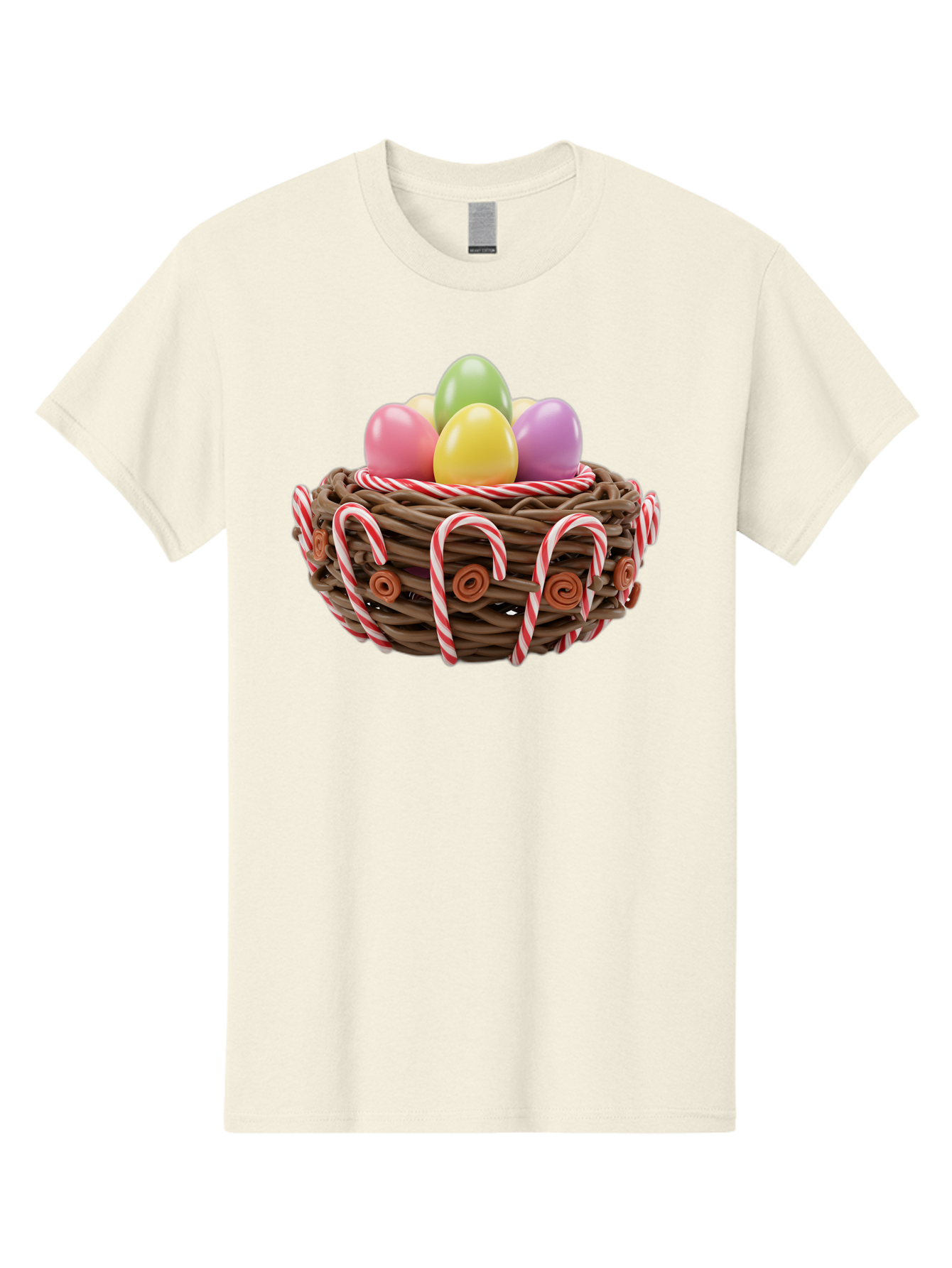 Candy-Cane-Nest-With-Easter-Eggs Men'S Graphic Tee, 100% Cotton, Comfortable Casual Summer Wear, Machine Washable, Easter Eggs In Nest, Candy Canes Decoration, Festive Treats, Holiday Sweets, Pastel Colors, Wicker Basket, Seasonal Decor, Baa250