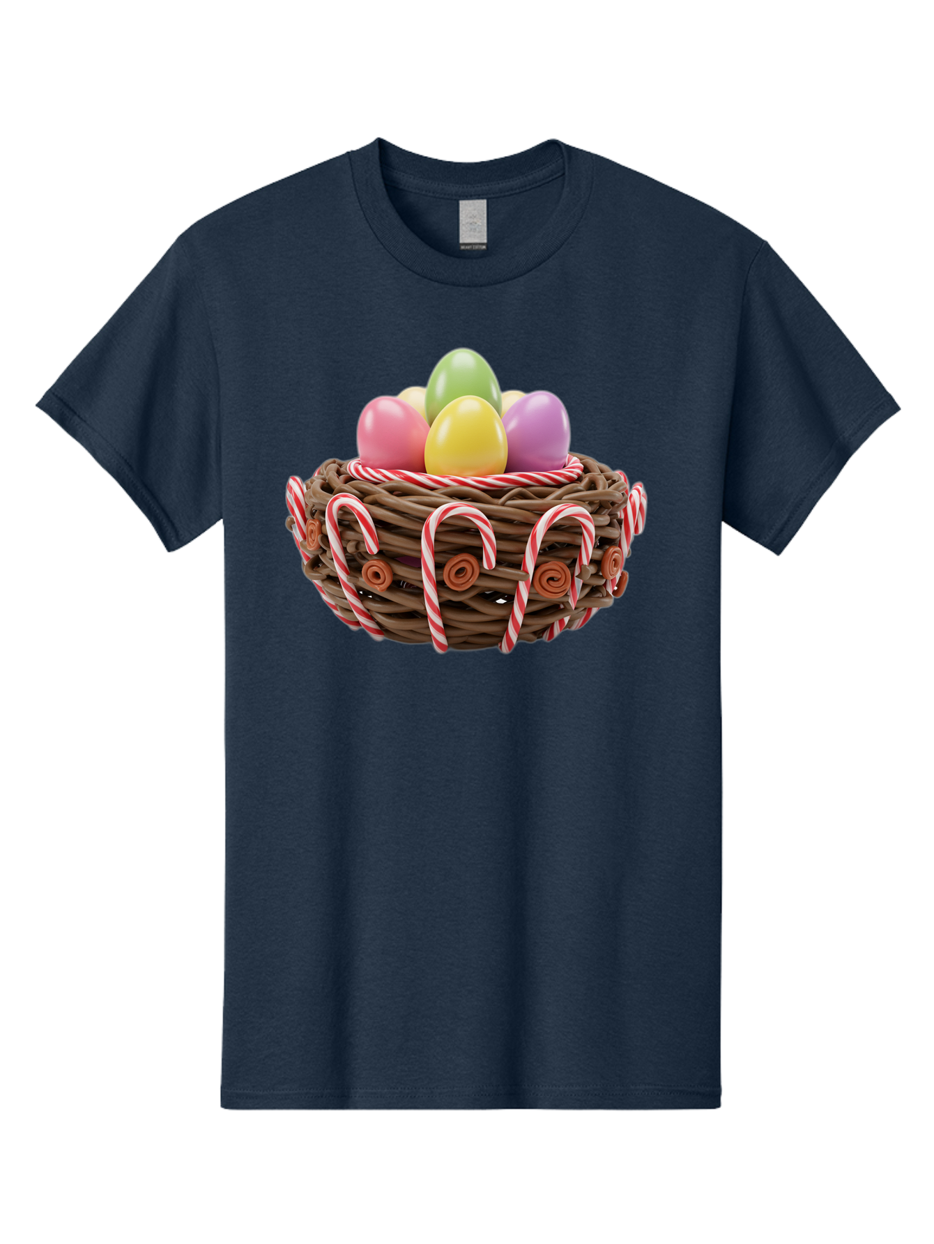 Candy-Cane-Nest-With-Easter-Eggs Men'S Graphic Tee, 100% Cotton, Comfortable Casual Summer Wear, Machine Washable, Easter Eggs In Nest, Candy Canes Decoration, Festive Treats, Holiday Sweets, Pastel Colors, Wicker Basket, Seasonal Decor, Baa250