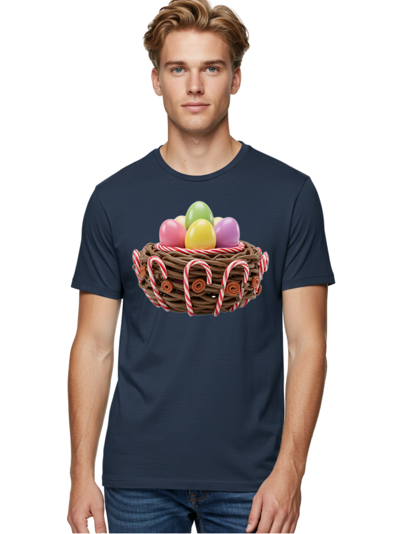 Candy-Cane-Nest-With-Easter-Eggs Men'S Graphic Tee, 100% Cotton, Comfortable Casual Summer Wear, Machine Washable, Easter Eggs In Nest, Candy Canes Decoration, Festive Treats, Holiday Sweets, Pastel Colors, Wicker Basket, Seasonal Decor, Baa250
