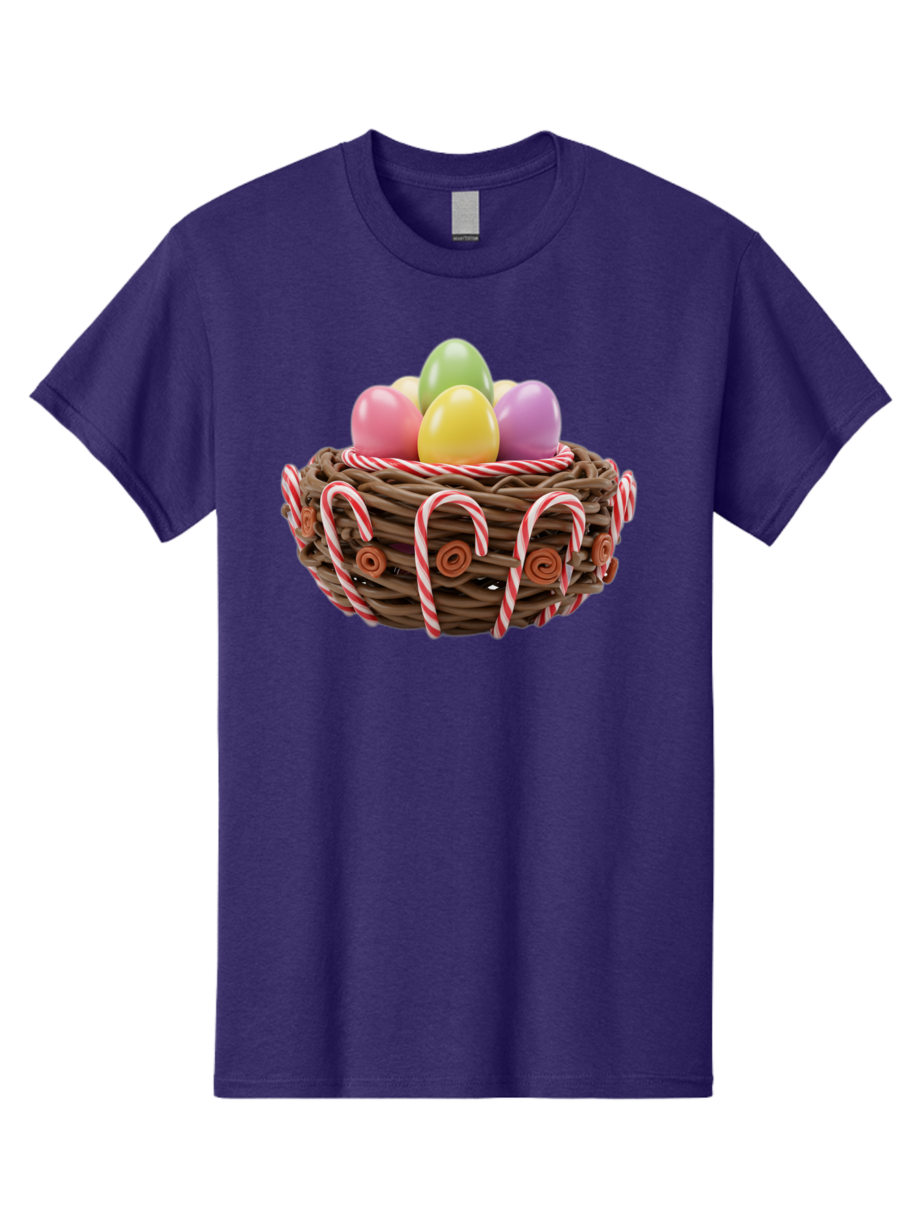 Candy-Cane-Nest-With-Easter-Eggs Men'S Graphic Tee, 100% Cotton, Comfortable Casual Summer Wear, Machine Washable, Easter Eggs In Nest, Candy Canes Decoration, Festive Treats, Holiday Sweets, Pastel Colors, Wicker Basket, Seasonal Decor, Baa250