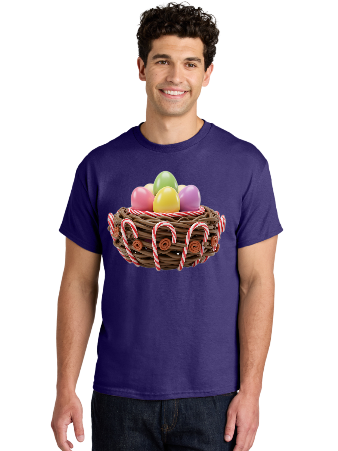 Candy-Cane-Nest-With-Easter-Eggs Men'S Graphic Tee, 100% Cotton, Comfortable Casual Summer Wear, Machine Washable, Easter Eggs In Nest, Candy Canes Decoration, Festive Treats, Holiday Sweets, Pastel Colors, Wicker Basket, Seasonal Decor, Baa250